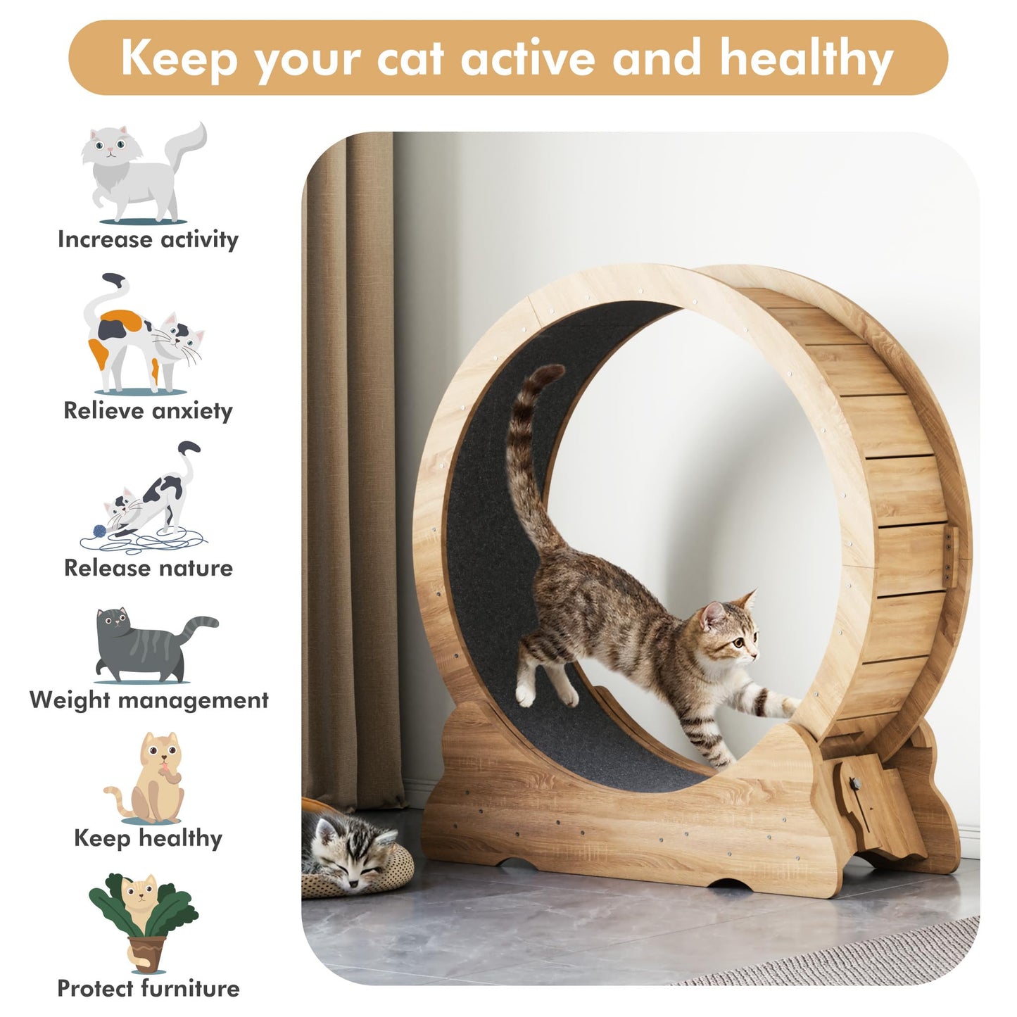 Cat Exercise Wheel, Cat Running Wheel with Smooth and Quiet Teaser