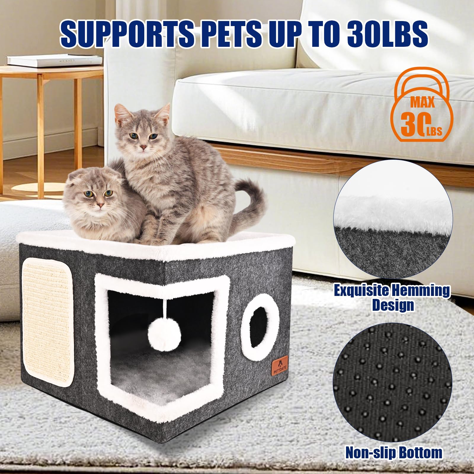 Felt Cat Cave Beds for Indoor Cats, Foldable Cat Hideaway with House