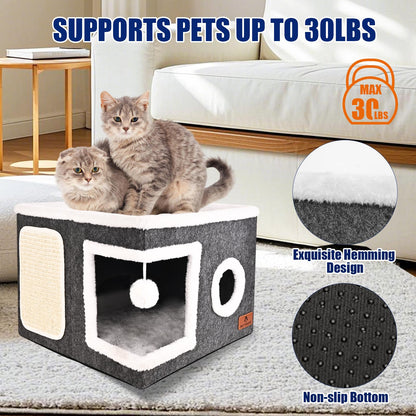 Felt Cat Cave Beds for Indoor Cats, Foldable Cat Hideaway with House