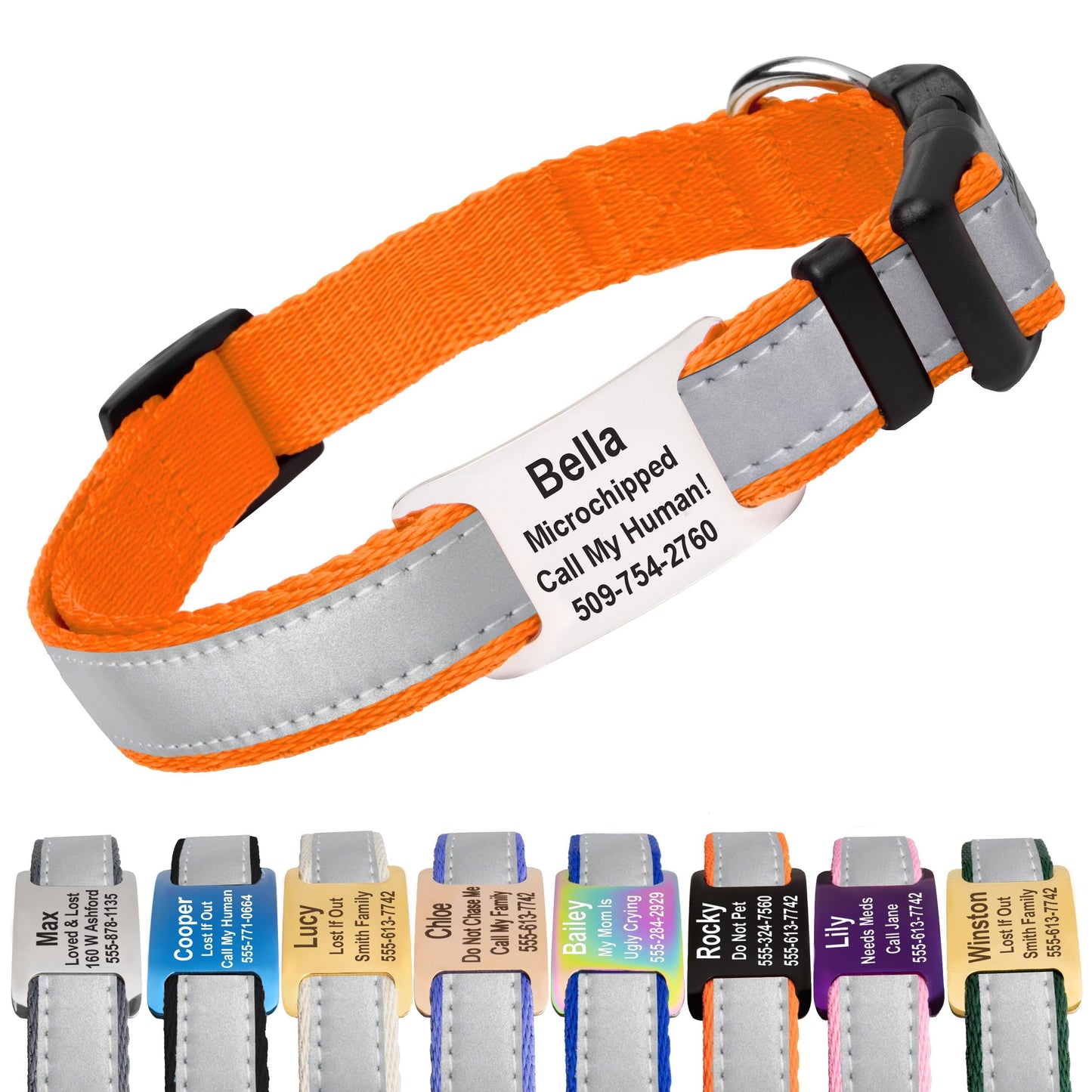 GoTags Reflective Personalized Dog Collar with Nameplate, Collar