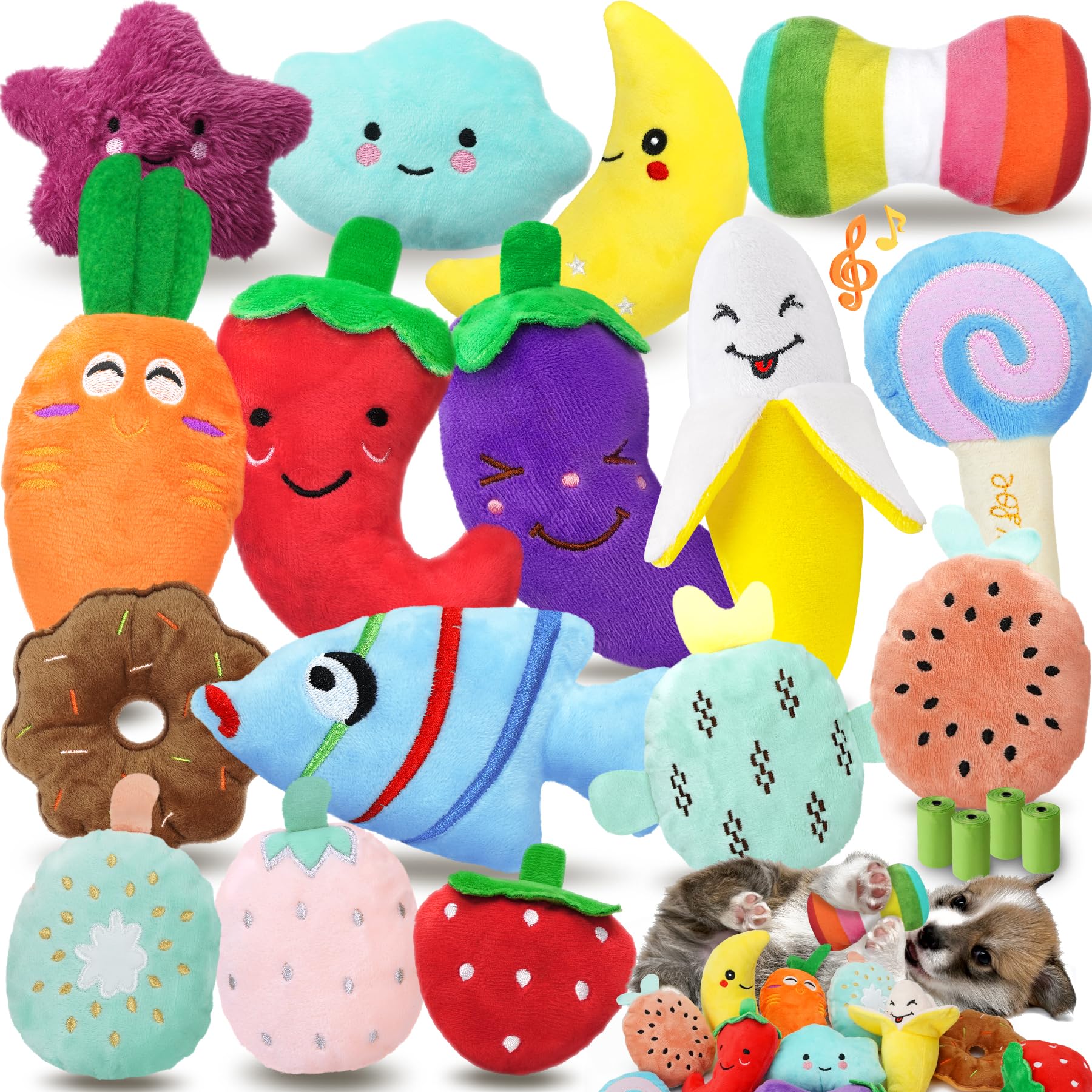 QTwoof Cheerful 20-Pack Squeaky Dog Toys Set Included 4 Dog Bags Plush