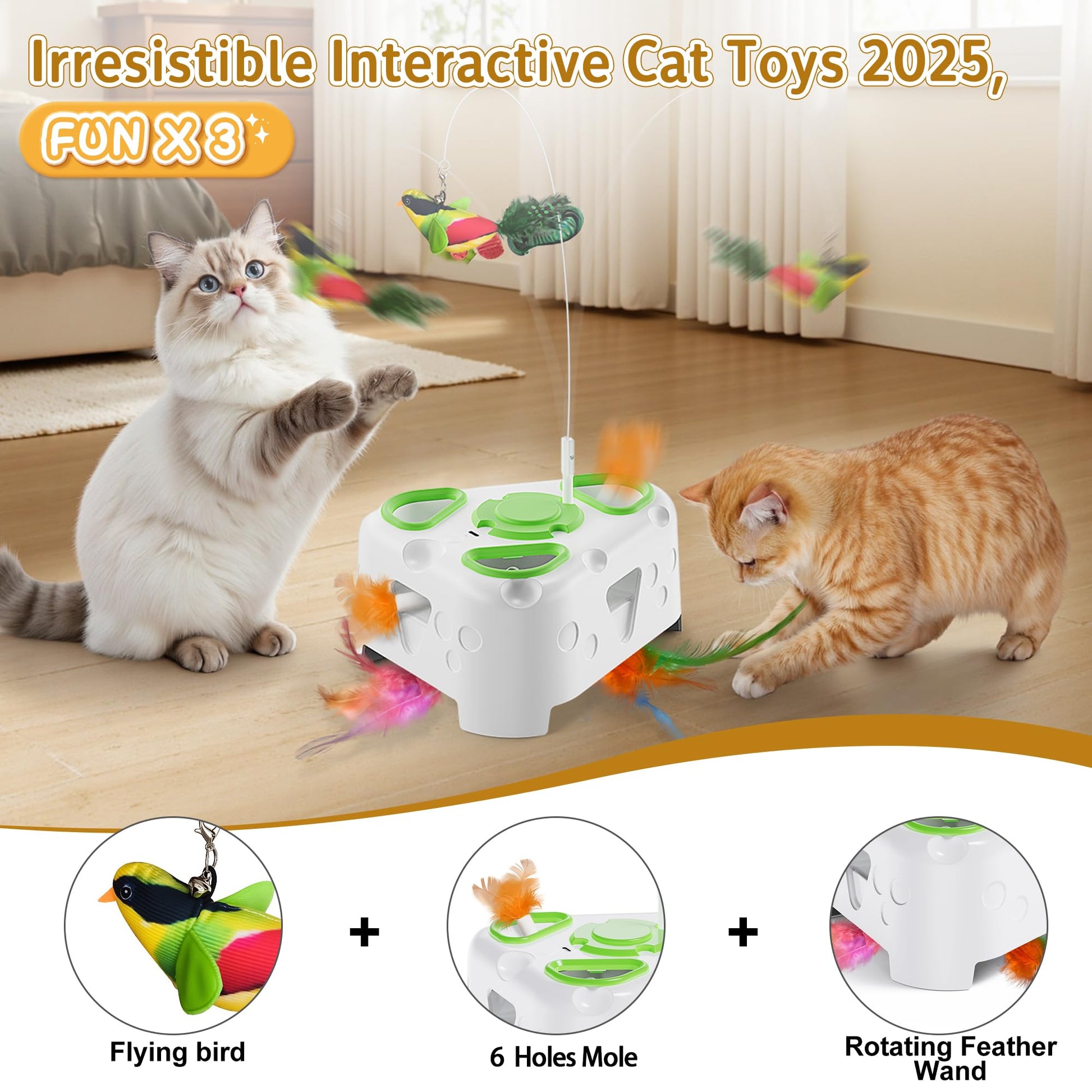 PANRIO 3-in-1 Interactive Cat Toys for Indoor Cats,Automatic Feather