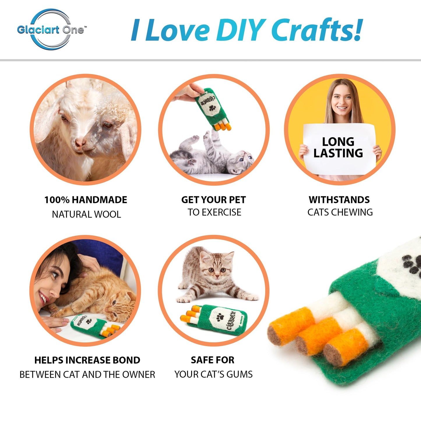 Glaciart One Wool Sushi Cat Toy Set with Catnip, Cute Cat Toy