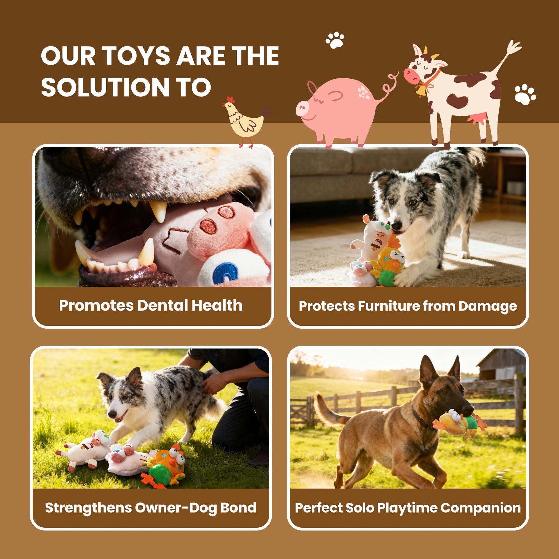 Nocciola Squeaky Dog Toys, Durable Farm Critter Plush Stuffed Dog Toys