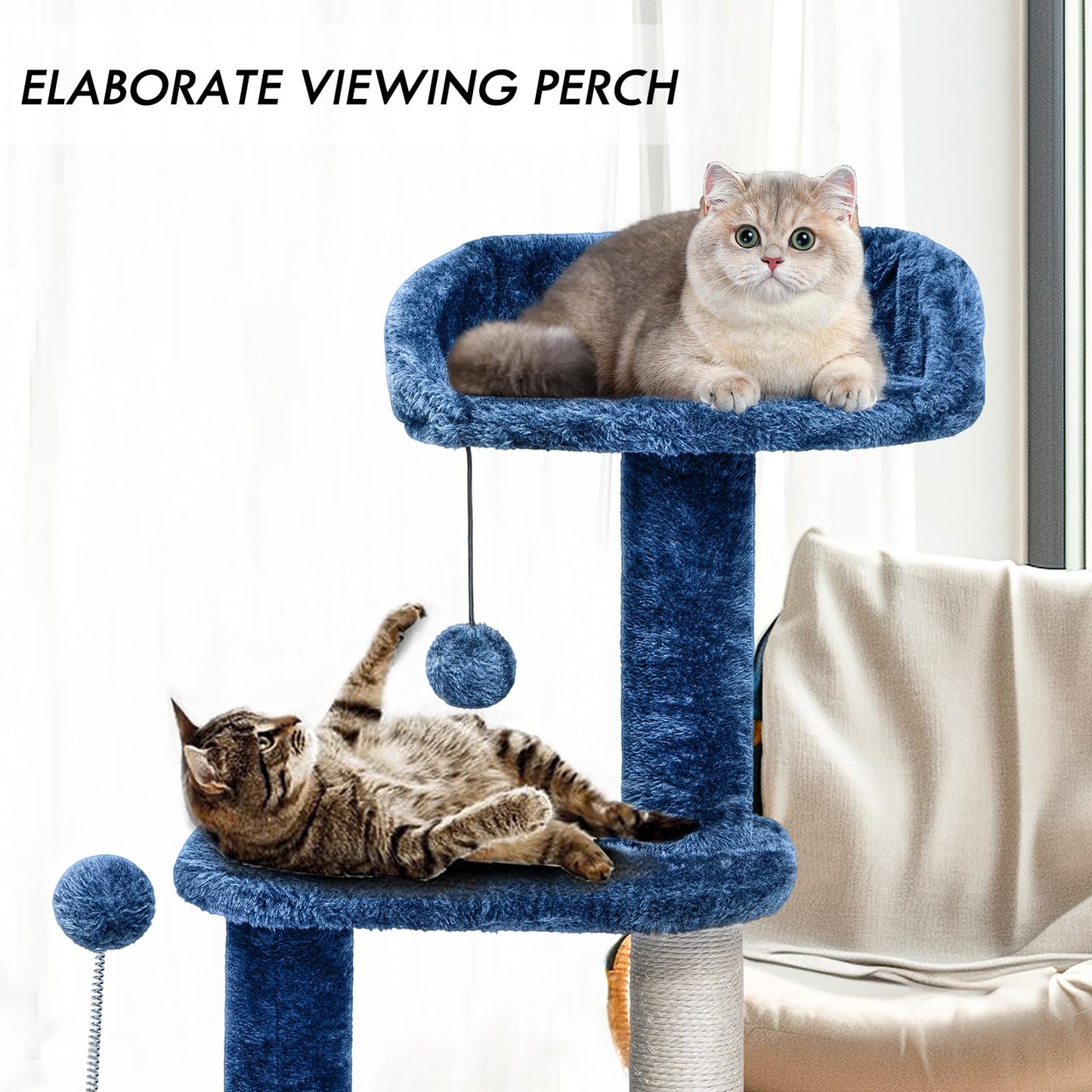 ClevaHome Small Deep Denim Cat Tree for Small Spaces, Kittens, Toy