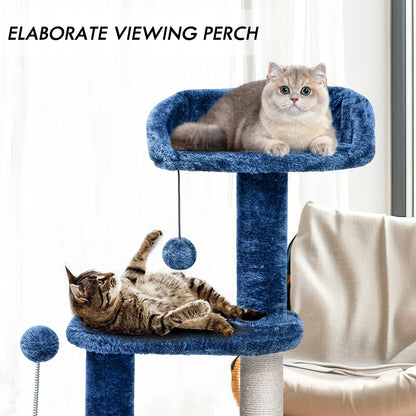 ClevaHome Small Deep Denim Cat Tree for Small Spaces, Kittens, Toy