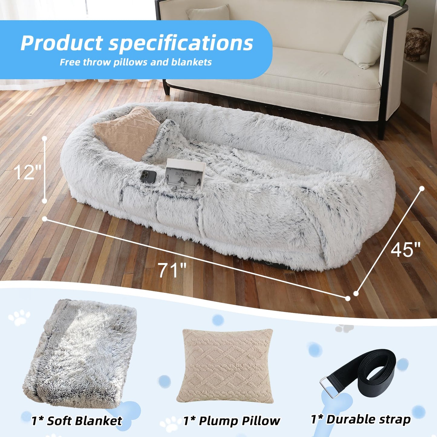 WROS Human Dog Bed x45"x12" Fits You Pets, Washable Faux Fur Bed