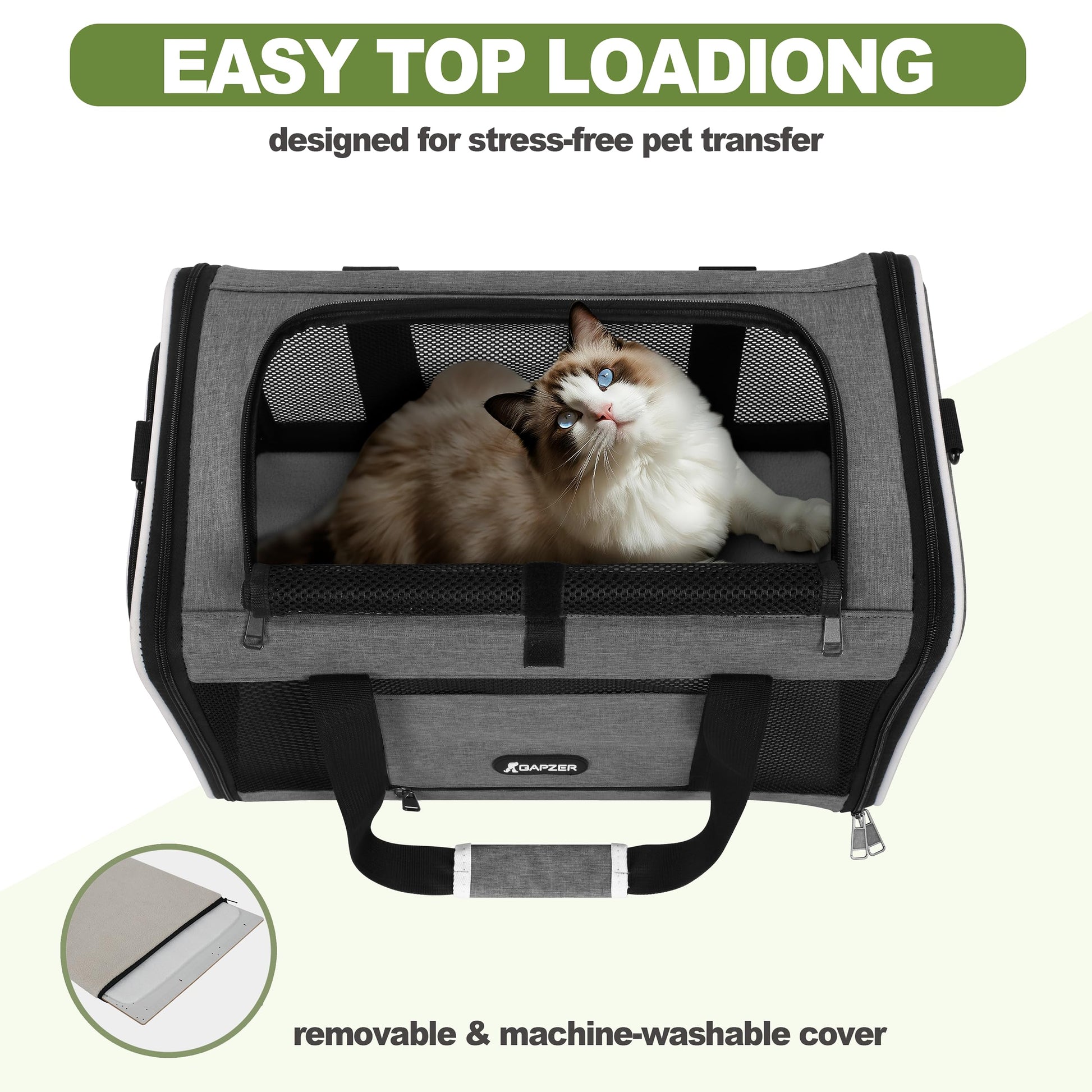 GAPZER Cat Carrier 18x11x11 Top Load Soft Pet Travel Bag Over Bag