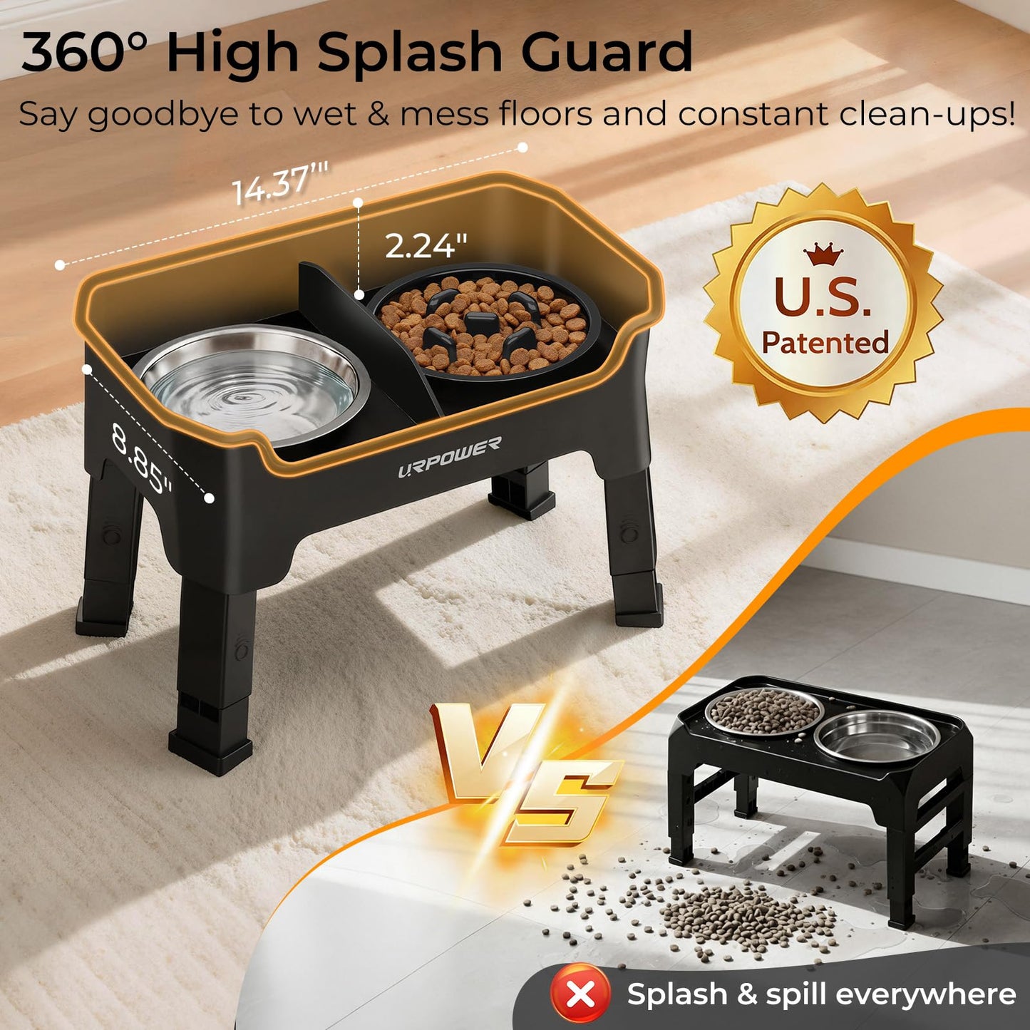 URPOWER Mess Proof Elevated Dog Bowls, High Wall Splash Guard Bowl