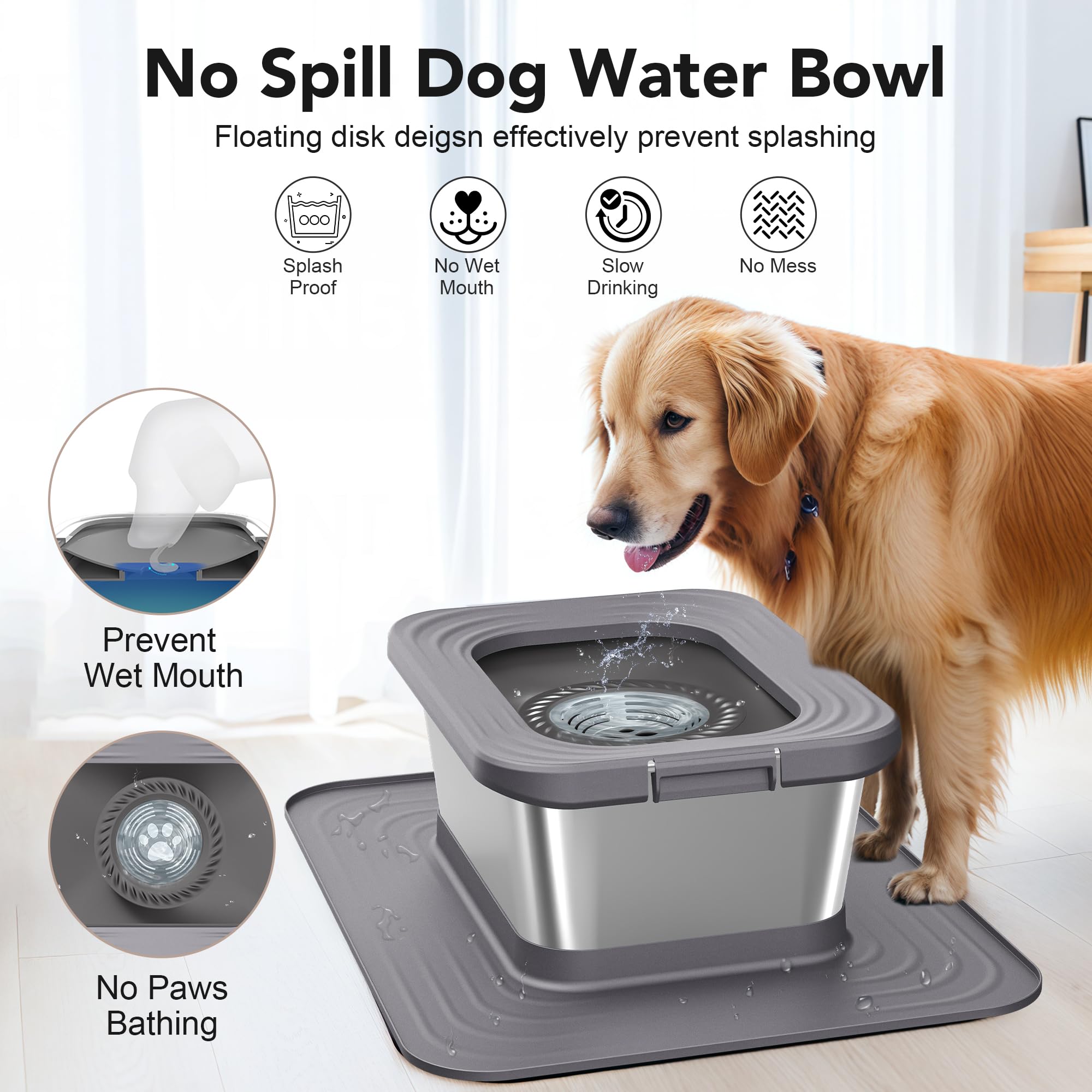 Decflow Stainless Steel Dog Water Bowl, No Spill Anti-Splash Dog Mat