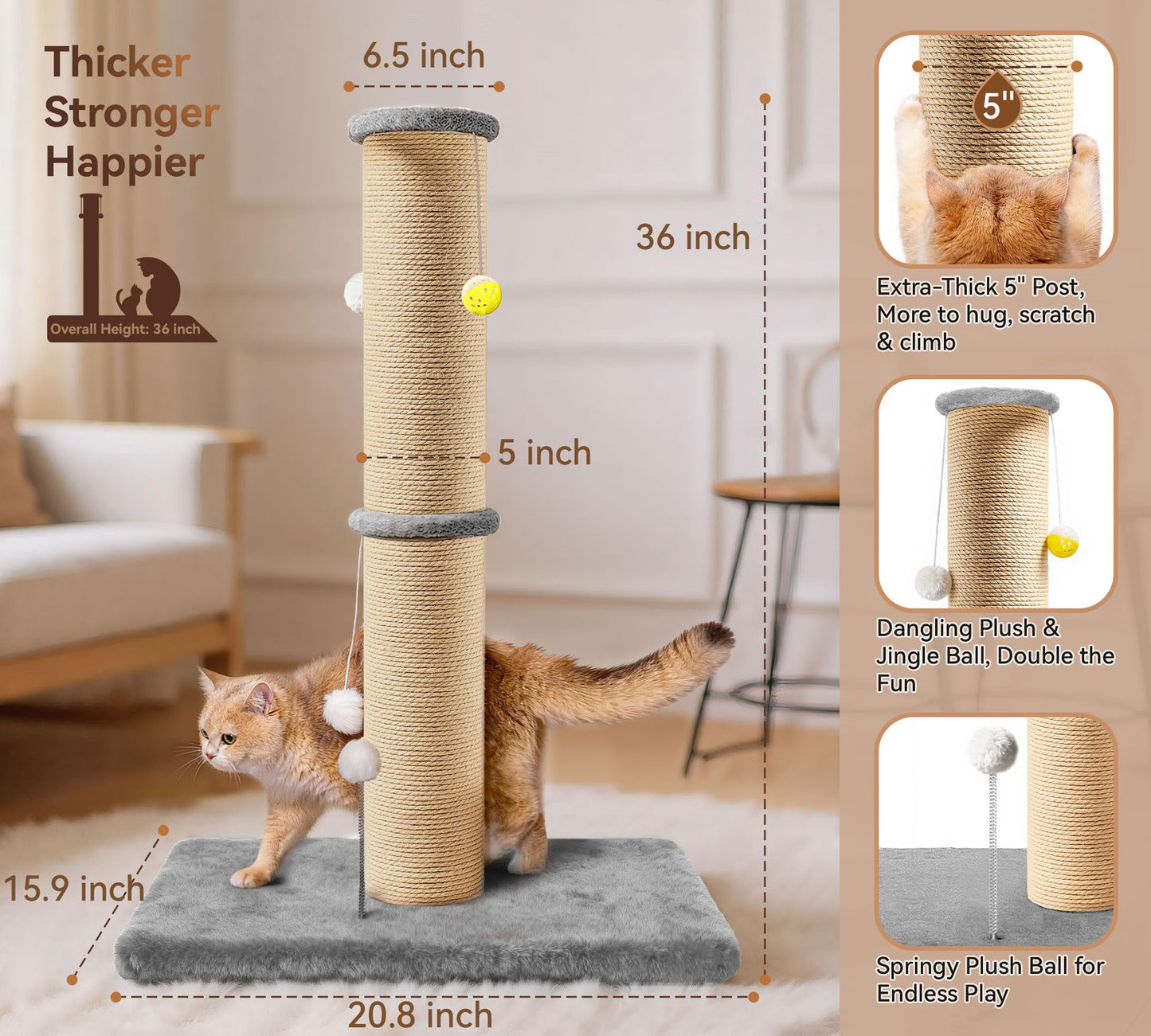 PELUOMOZ 5-Inch Thick Sisal Cat Scratching Post, 36" Tall Cat Tower