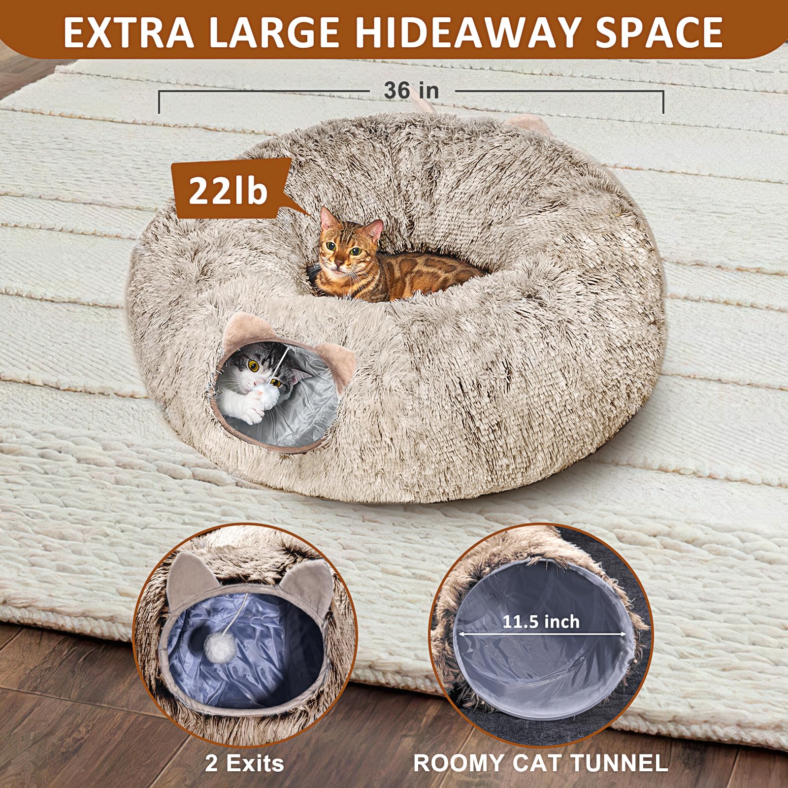 Cat Tunnel with Cat Bed for Indoor Cats, Soft Plush Peekaboo Cat Cave