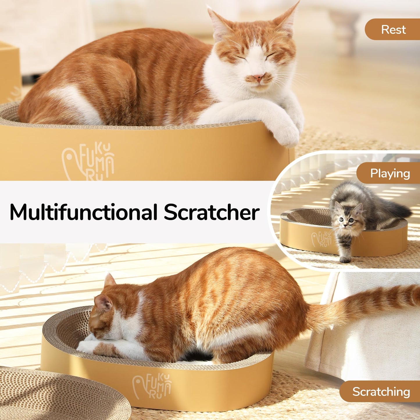 FUKUMARU 3PCS Cardboard Cat Scratcher Bed, Durable Oval Cat Bed