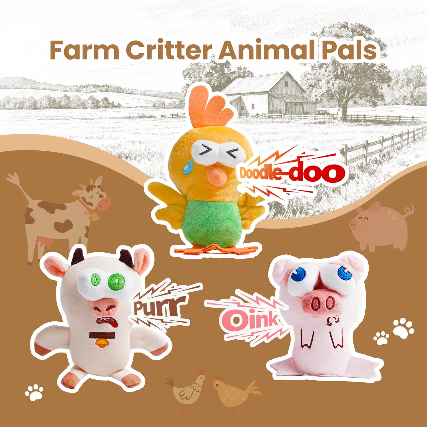 Nocciola Squeaky Dog Toys, Durable Farm Critter Plush Stuffed Dog Toys
