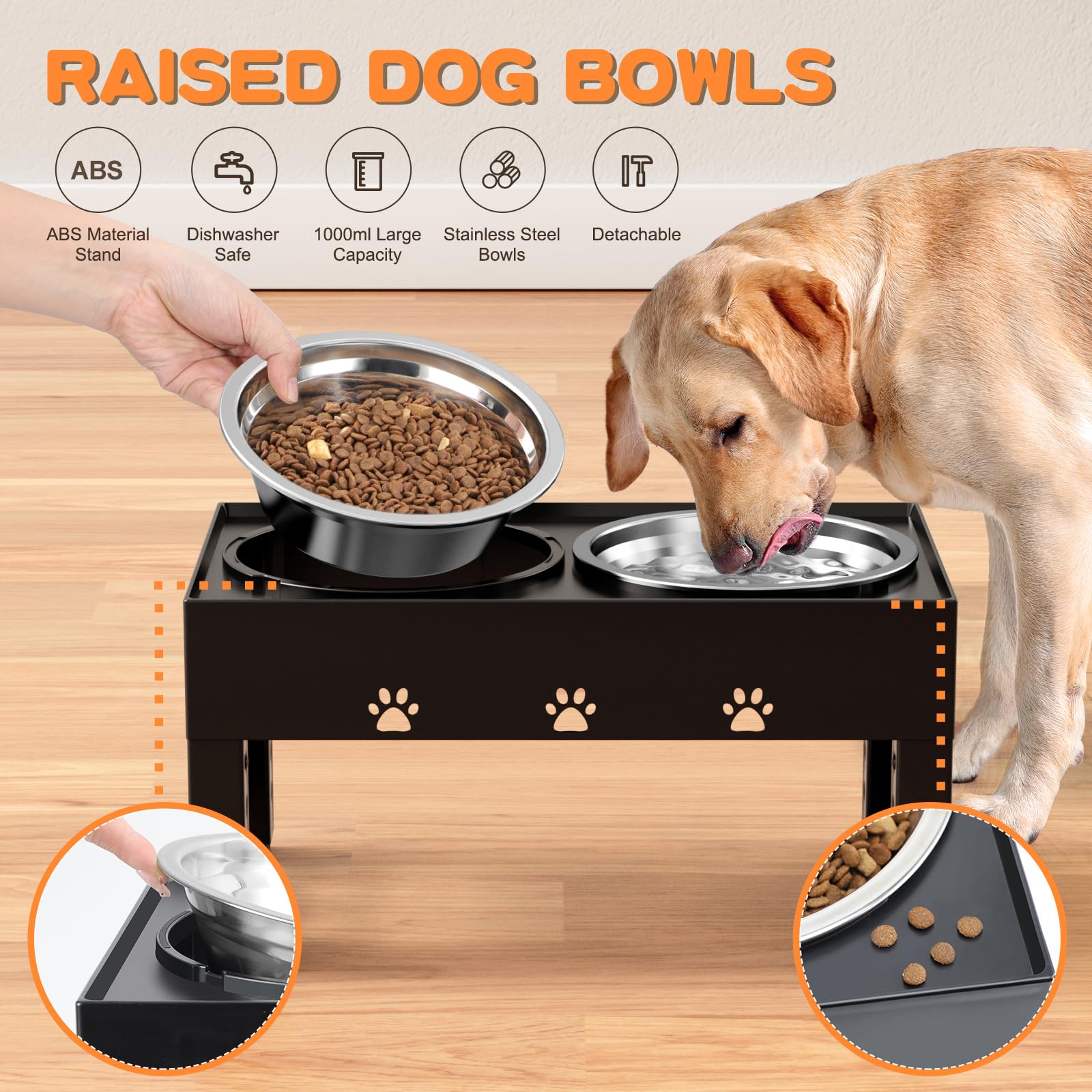 Elevated Dog Bowls with 2 Stainless Steel Bowls, 5-Height Feeder