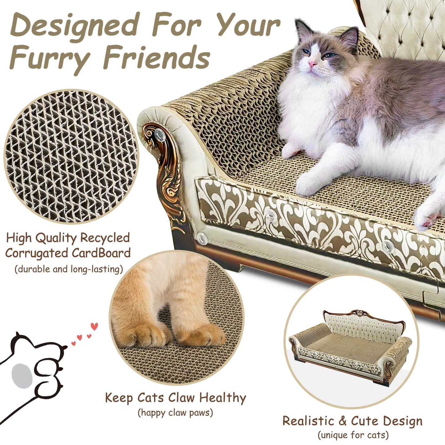 INRLKIT Luxury Cardboard Cat Scratcher Sofa Bed, Couch Shaped Bed