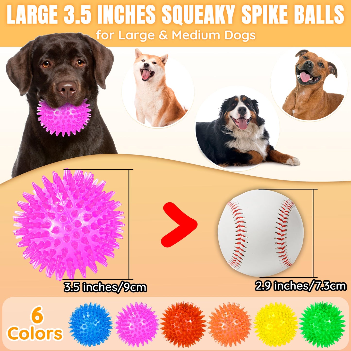 LECHONG 6-Pack 3.5” Squeaky Dog Balls, Durable Soft Spiky Chew Chew