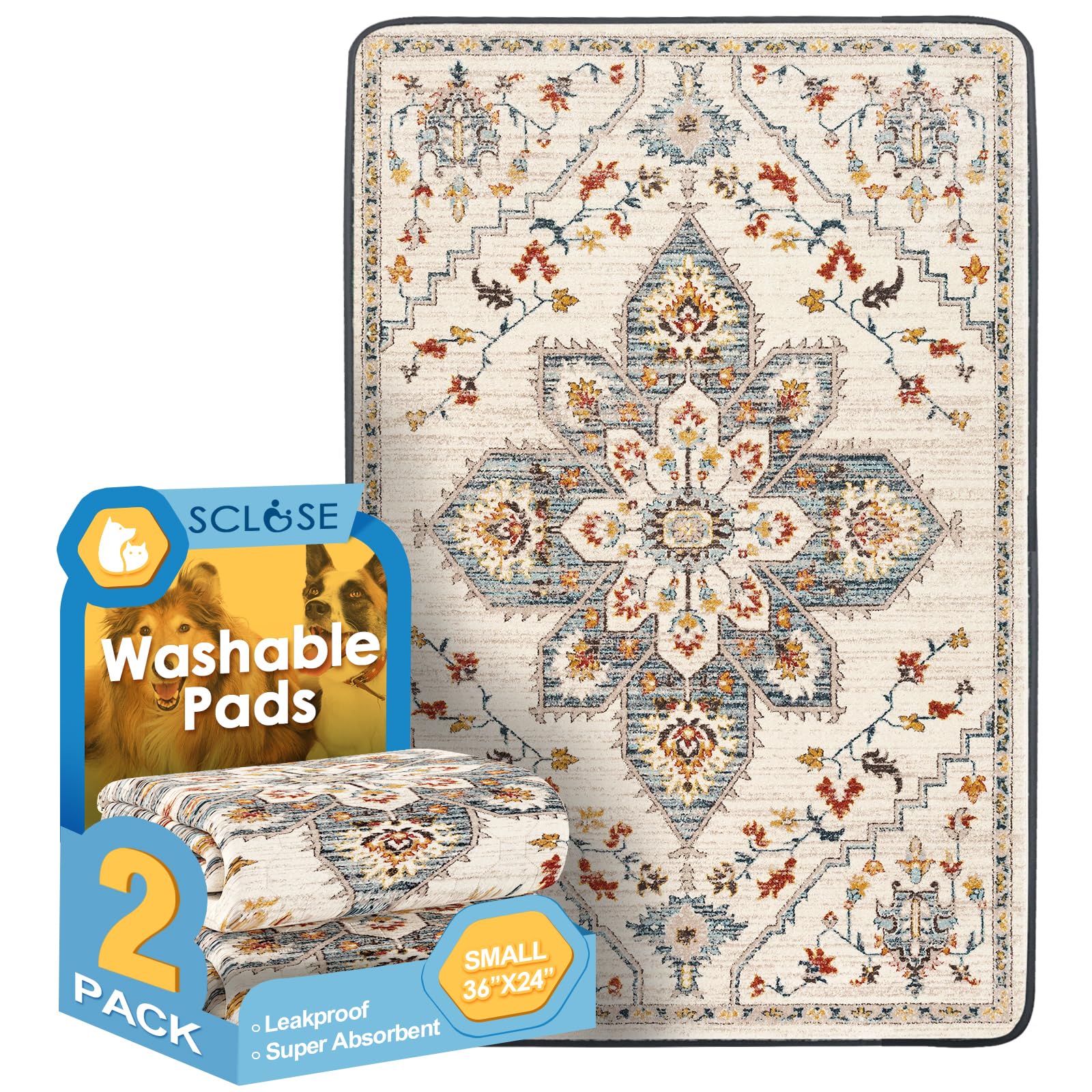 SCLOSE Washable Pee Pads for Dogs 2 Pack, 36" x 24" Reusable Puppy Mat