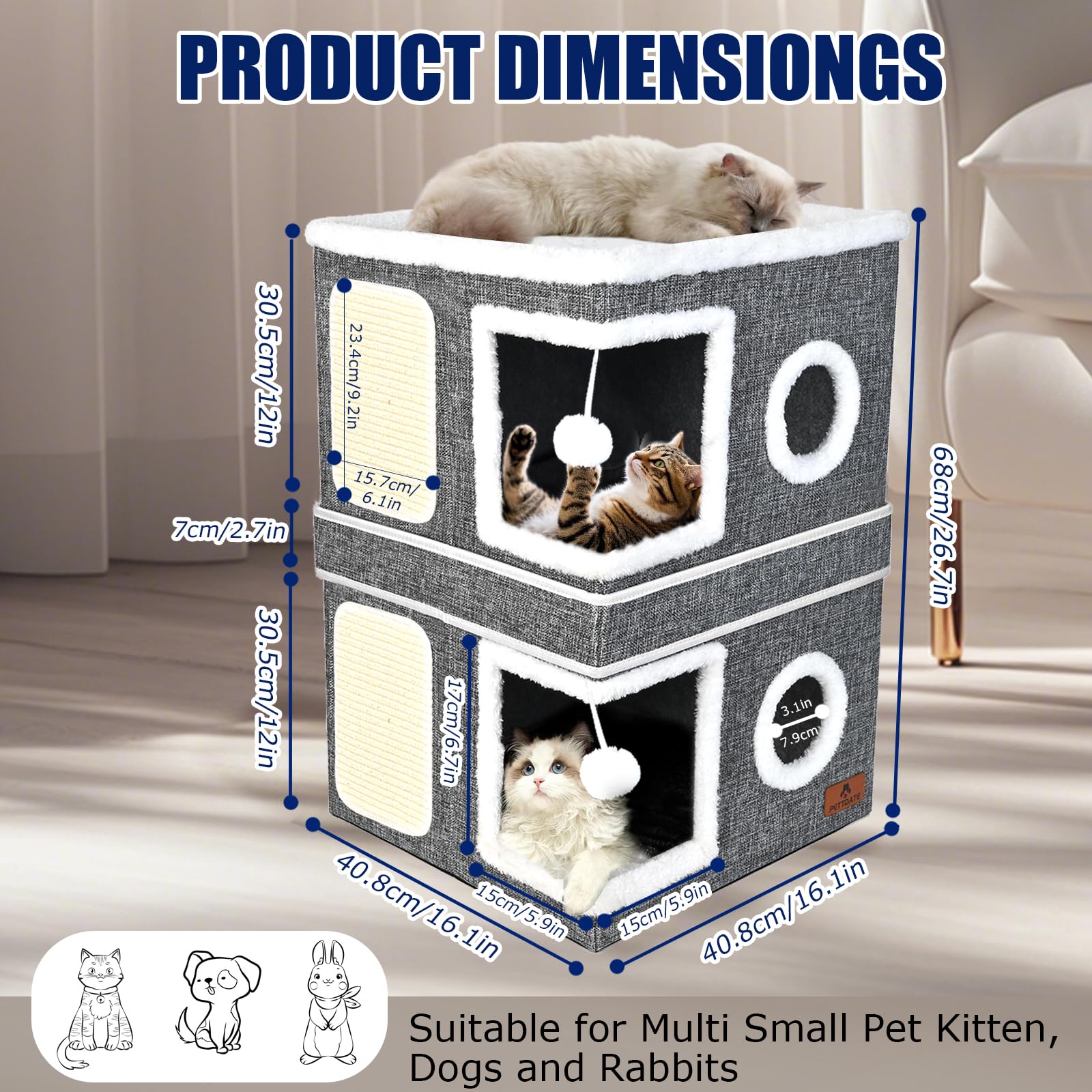 2-Story Cat House for Indoor Cats, Dual-Purpose Cave Bed with Bed