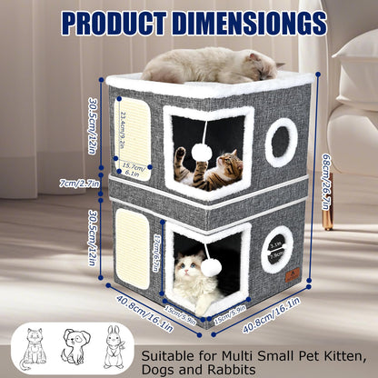 2-Story Cat House for Indoor Cats, Dual-Purpose Cave Bed with Bed