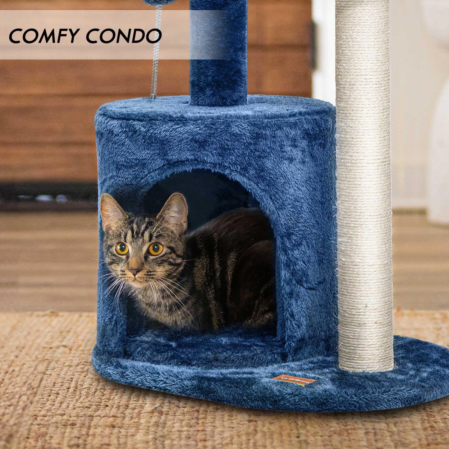 ClevaHome Small Deep Denim Cat Tree for Small Spaces, Kittens, Toy