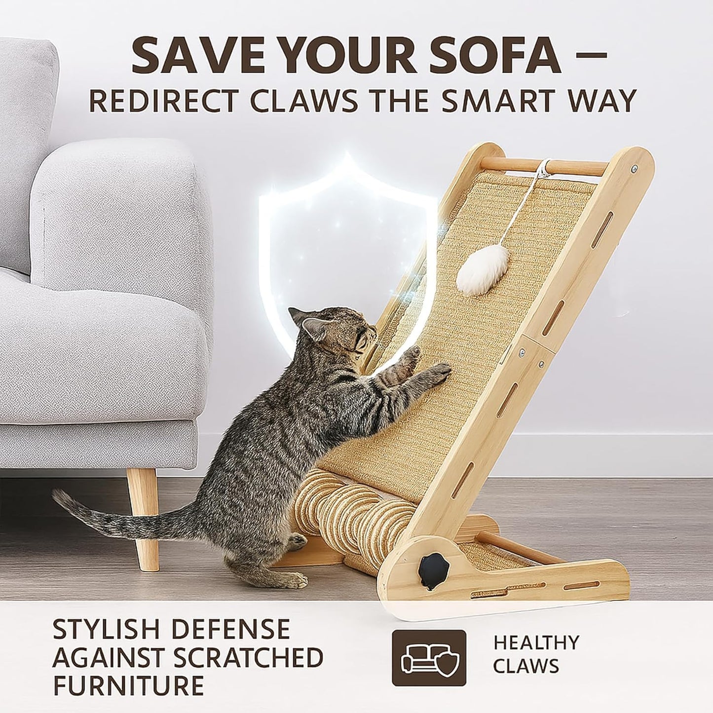 32" Sisal L Shaped Cat Scratch Pad with Ball Toy, Wooden Ball