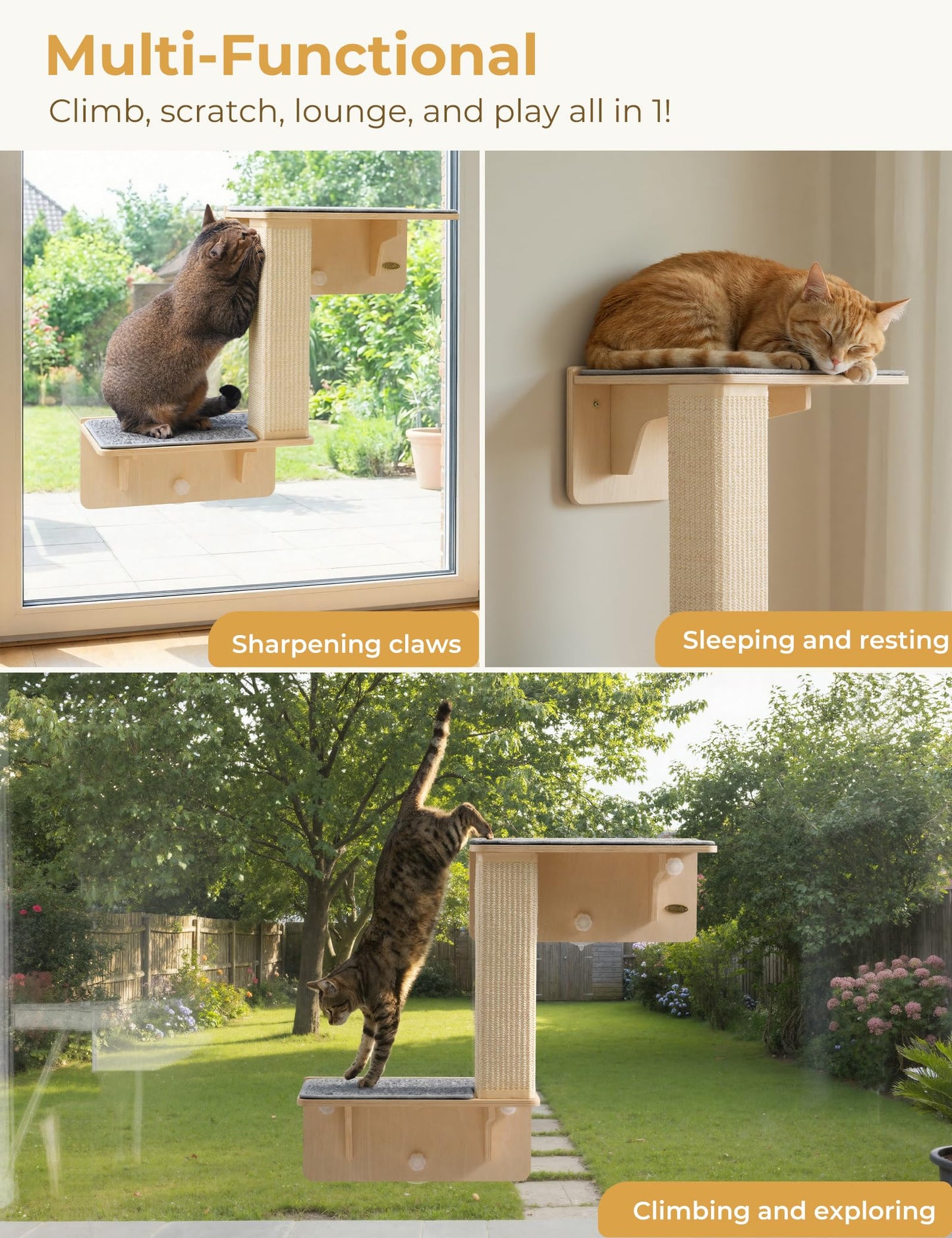 Pecute Double Cat Shelves with Scratching Post for Wall and Window Bed
