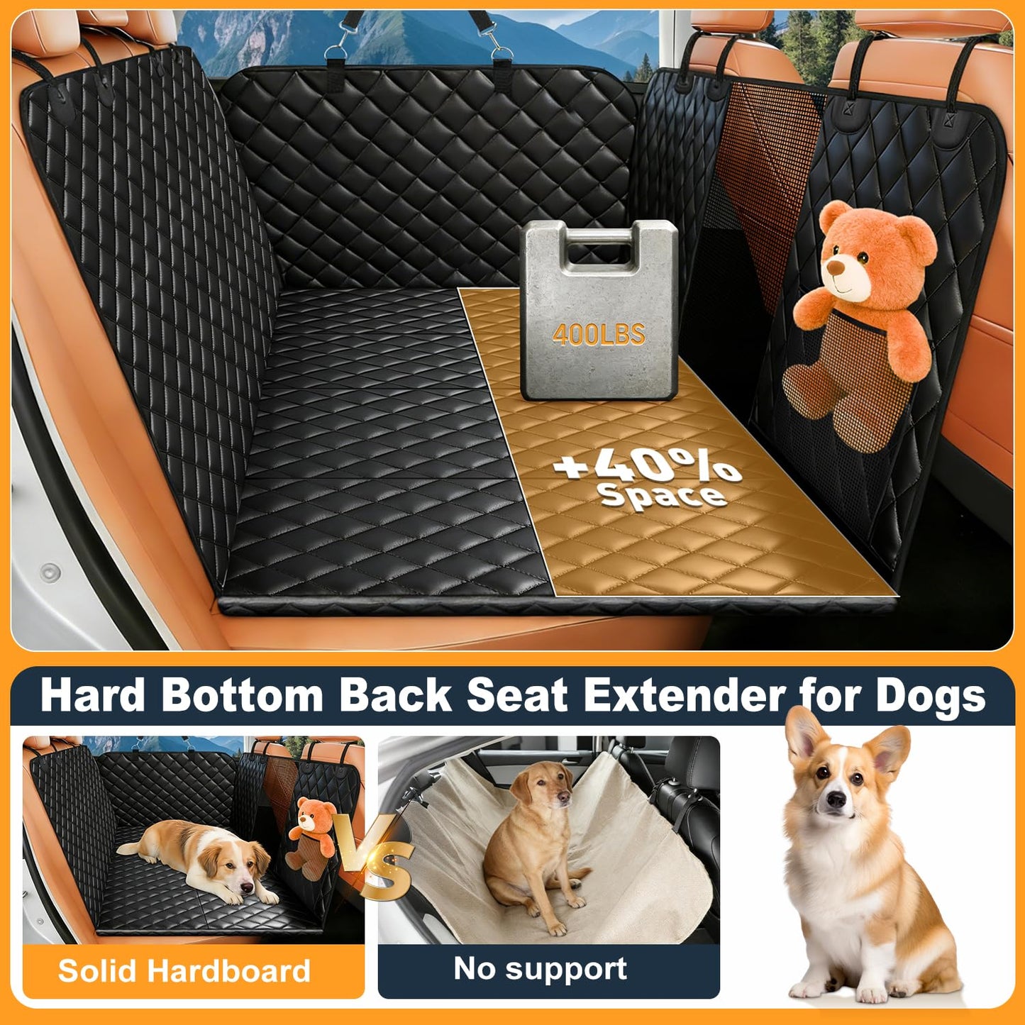 HOB4U Dog Car Seat Cover for Back Seat, Hard Bottom Back Seat Seat
