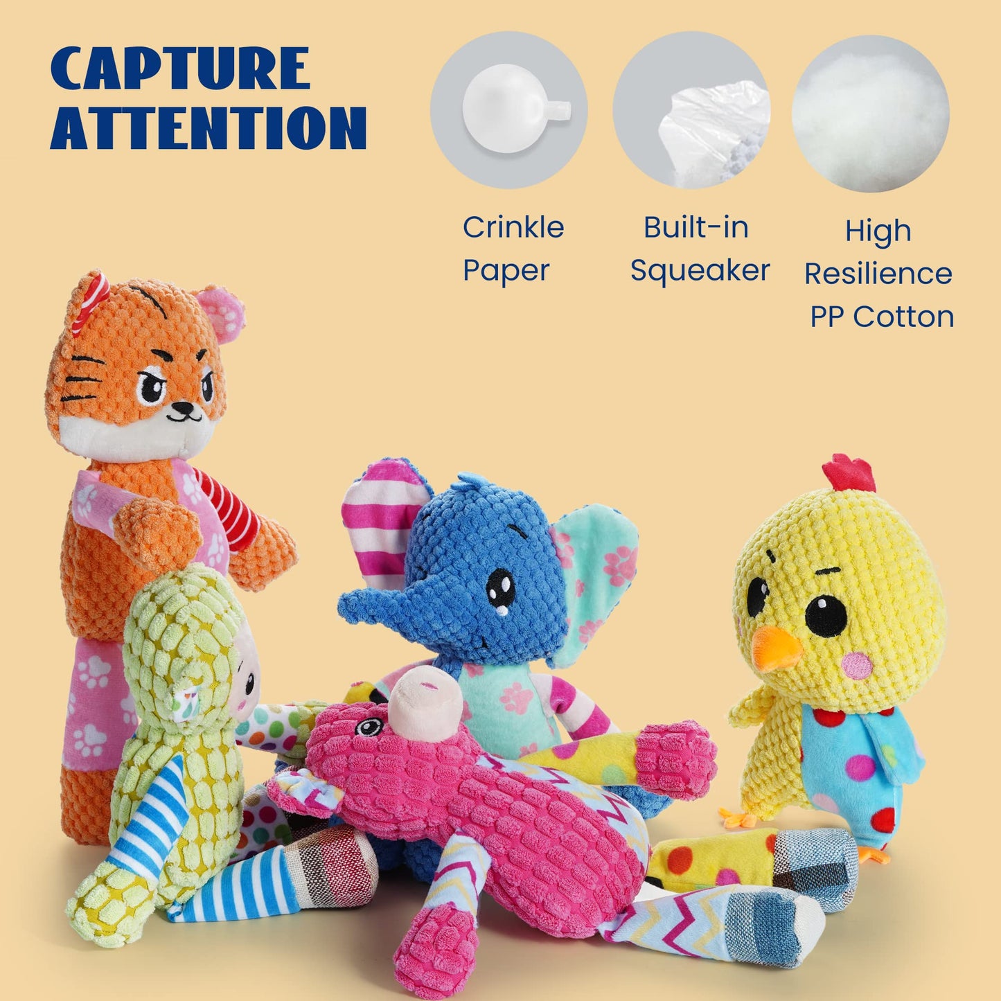 Nocciola Stuffed Crinkle Squeaky Dog Toys: 5 Pack Cute Animal Plush
