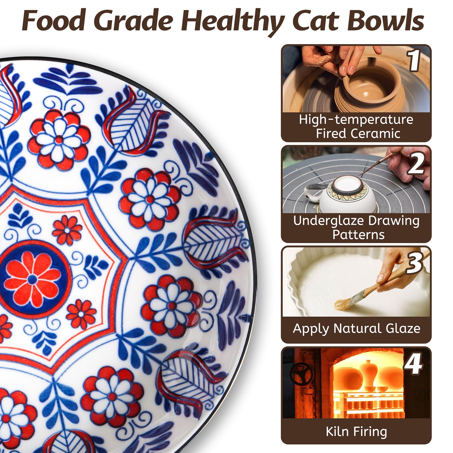 WROSWT Non-Slip Cat Bowl,Ceramic Cat Food Bowls with Silicone Set