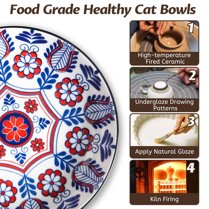 WROSWT Non-Slip Cat Bowl,Ceramic Cat Food Bowls with Silicone Set