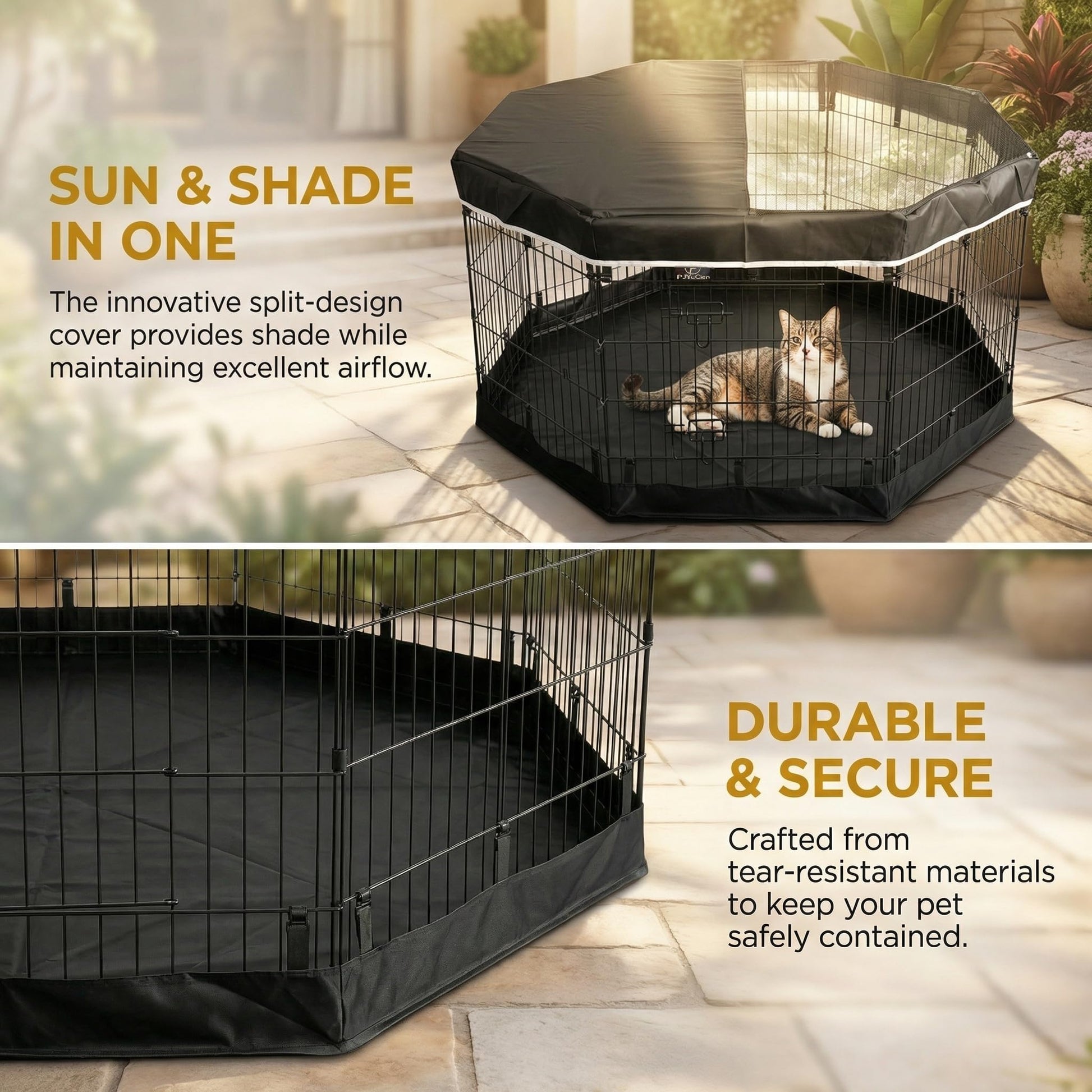 PJYuCien Dog Playpen with Top Cover and Bottom Pad Metal Cover