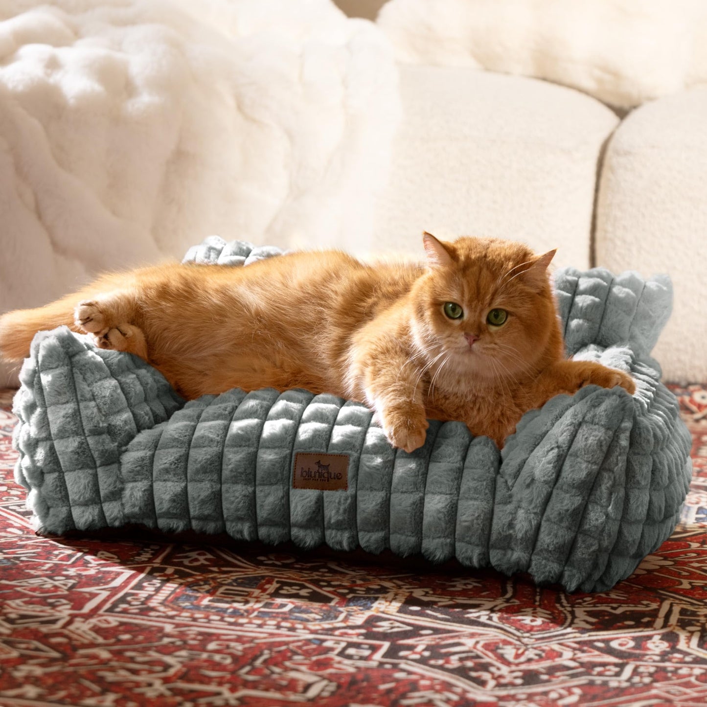blunique Cute Cat Couch Bed Supportive Fluffy Pet Sofa with Faux Bed