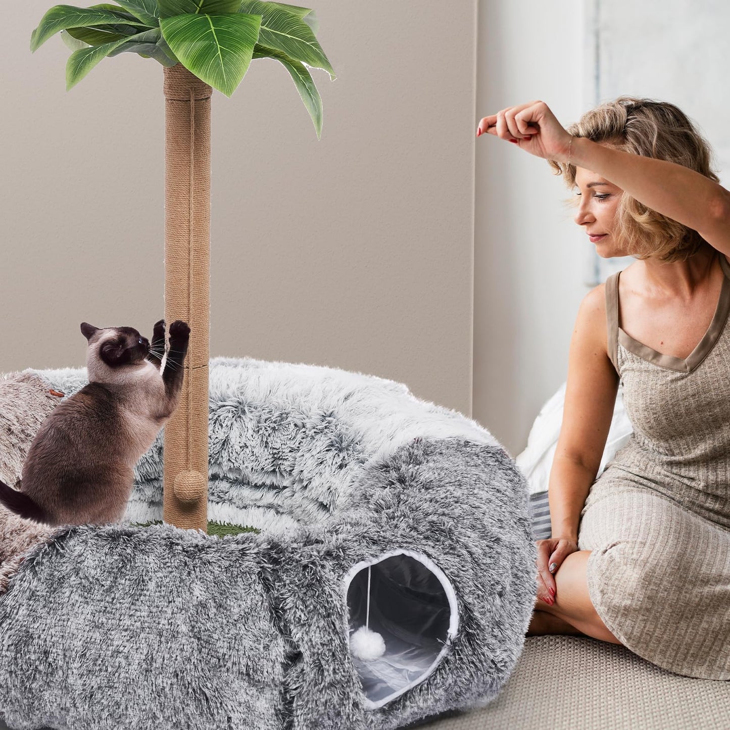 Odoland Large Cats Tunnels for Indoor Cats Fluffy Warm Cat Bed