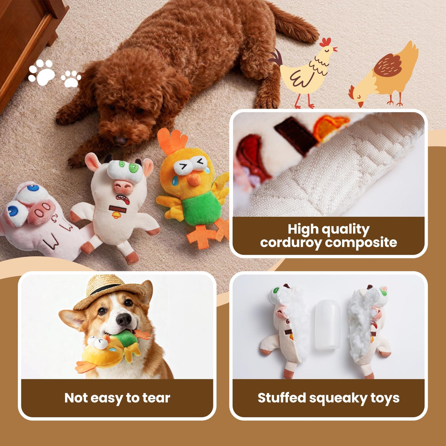 Nocciola Squeaky Dog Toys, Durable Farm Critter Plush Stuffed Dog Toys