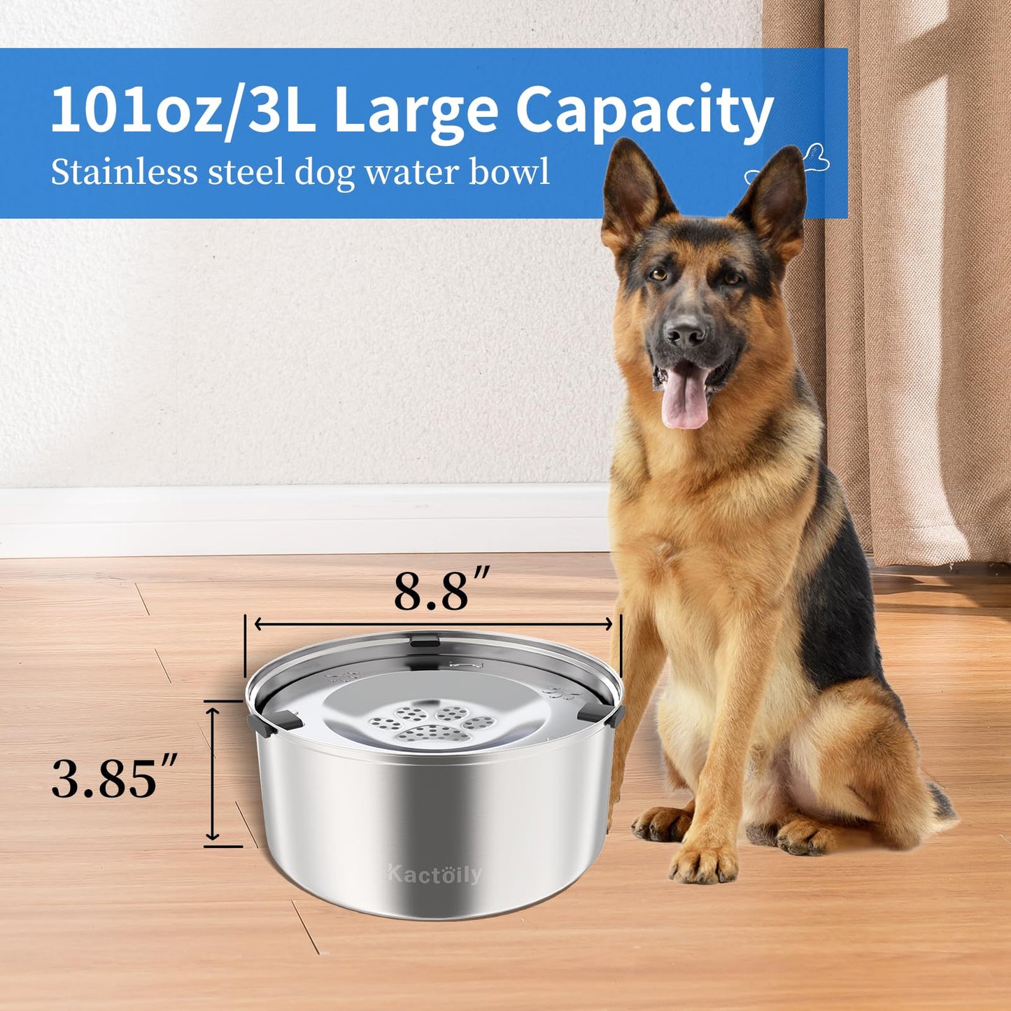 Kactoily Large Capacity Dog Water Bowl Stainless Steel No Spill Bowl