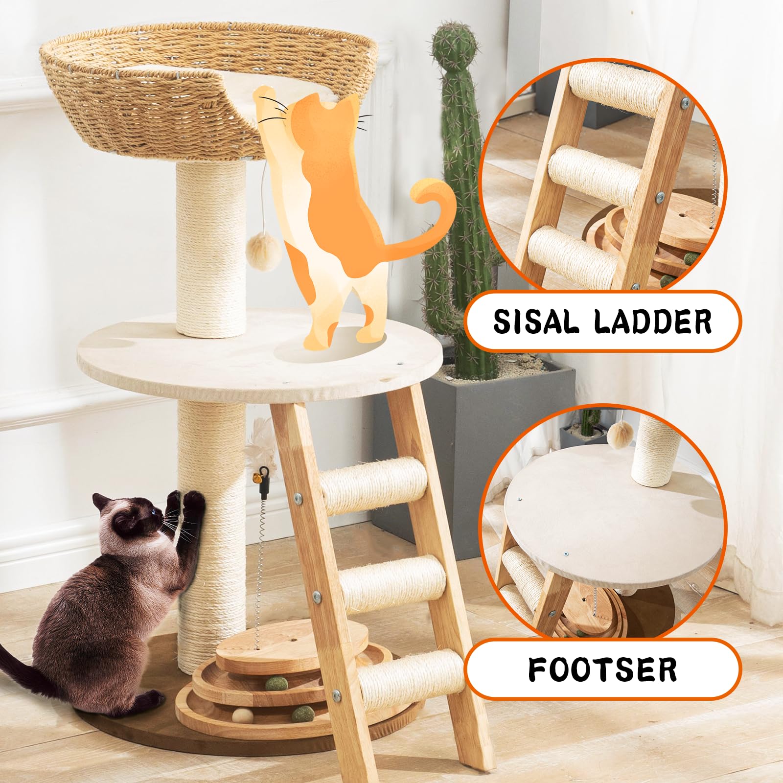 Natural Wood Modern Cat Tree with Top Cats Bed, Unique Cute Toy