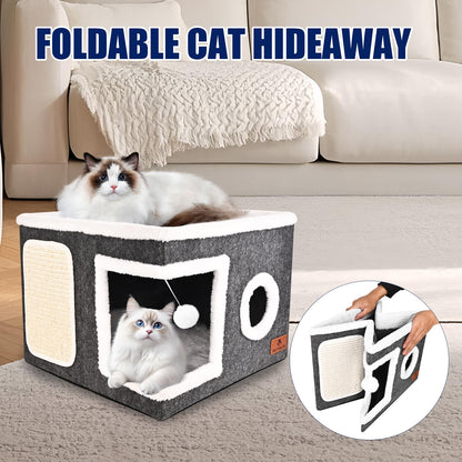 Felt Cat Cave Beds for Indoor Cats, Foldable Cat Hideaway with House