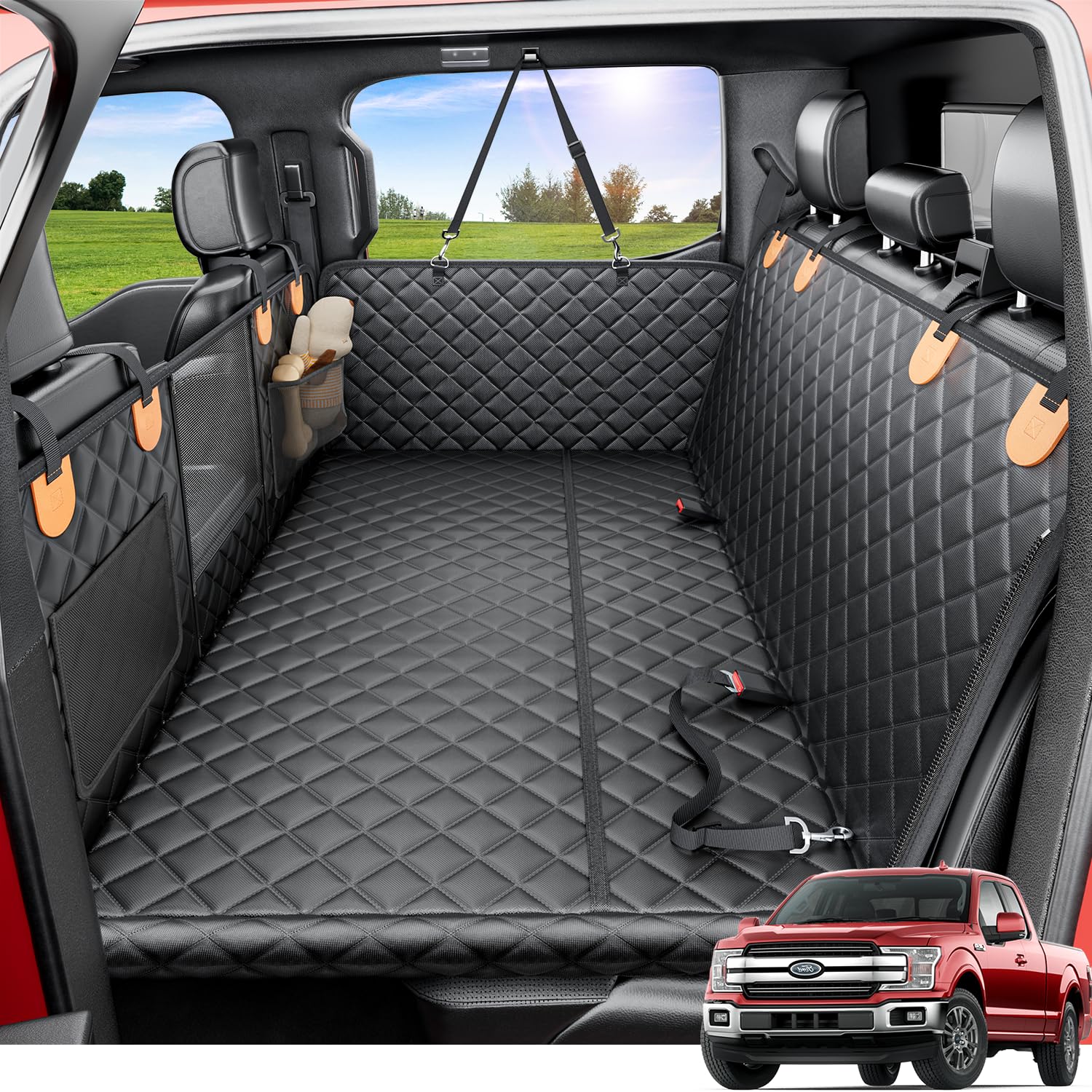 REEVAA Dog Truck Seat Cover for Back Seat, Hard Bottom Dog Hammock