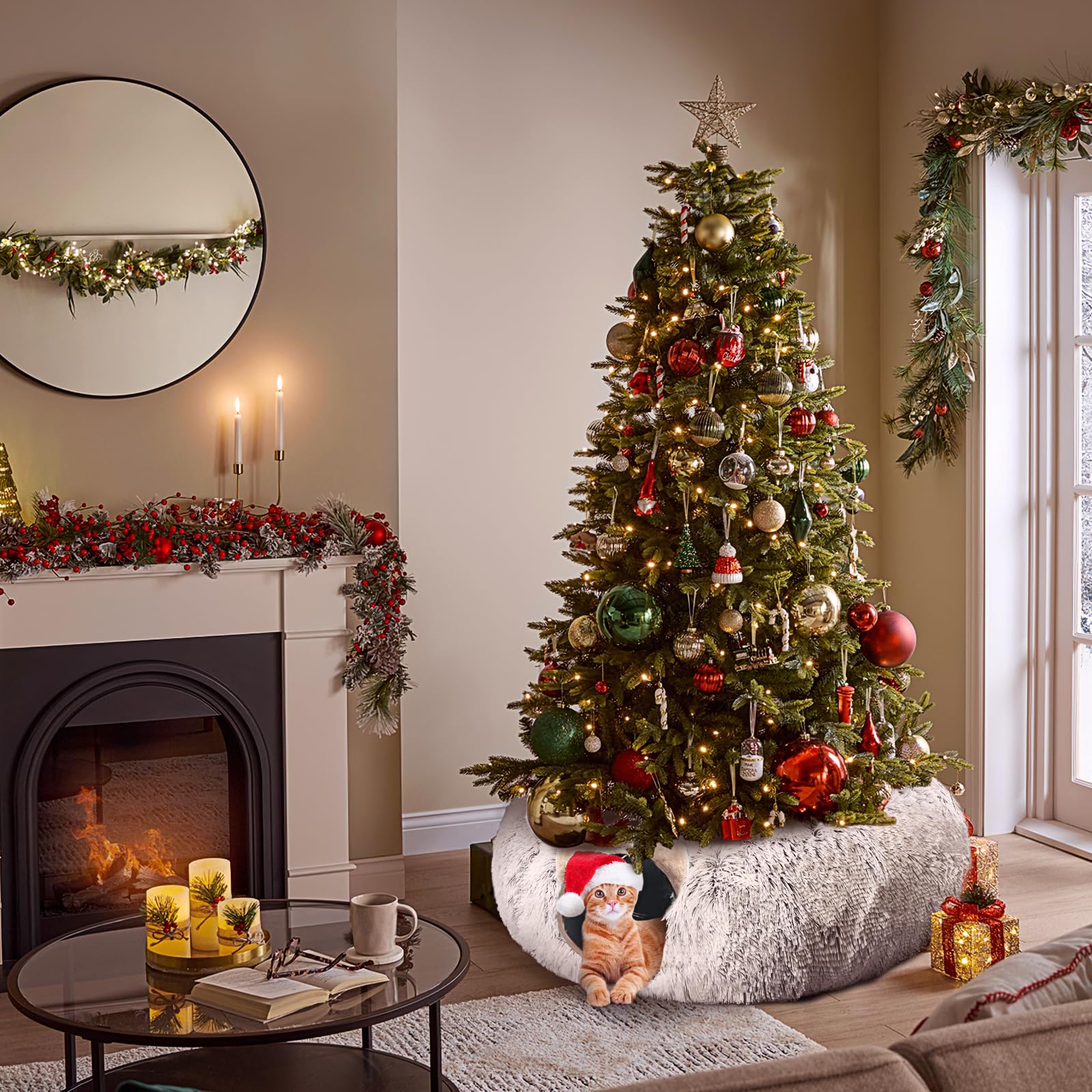 Cat Tunnel with Cat Bed for Indoor Cats, Under Christmas Tree Bed