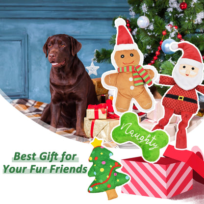 LECHONG Christmas Dog Toys, 4pcs Stuffed Dog Squeaky Toys for Toys