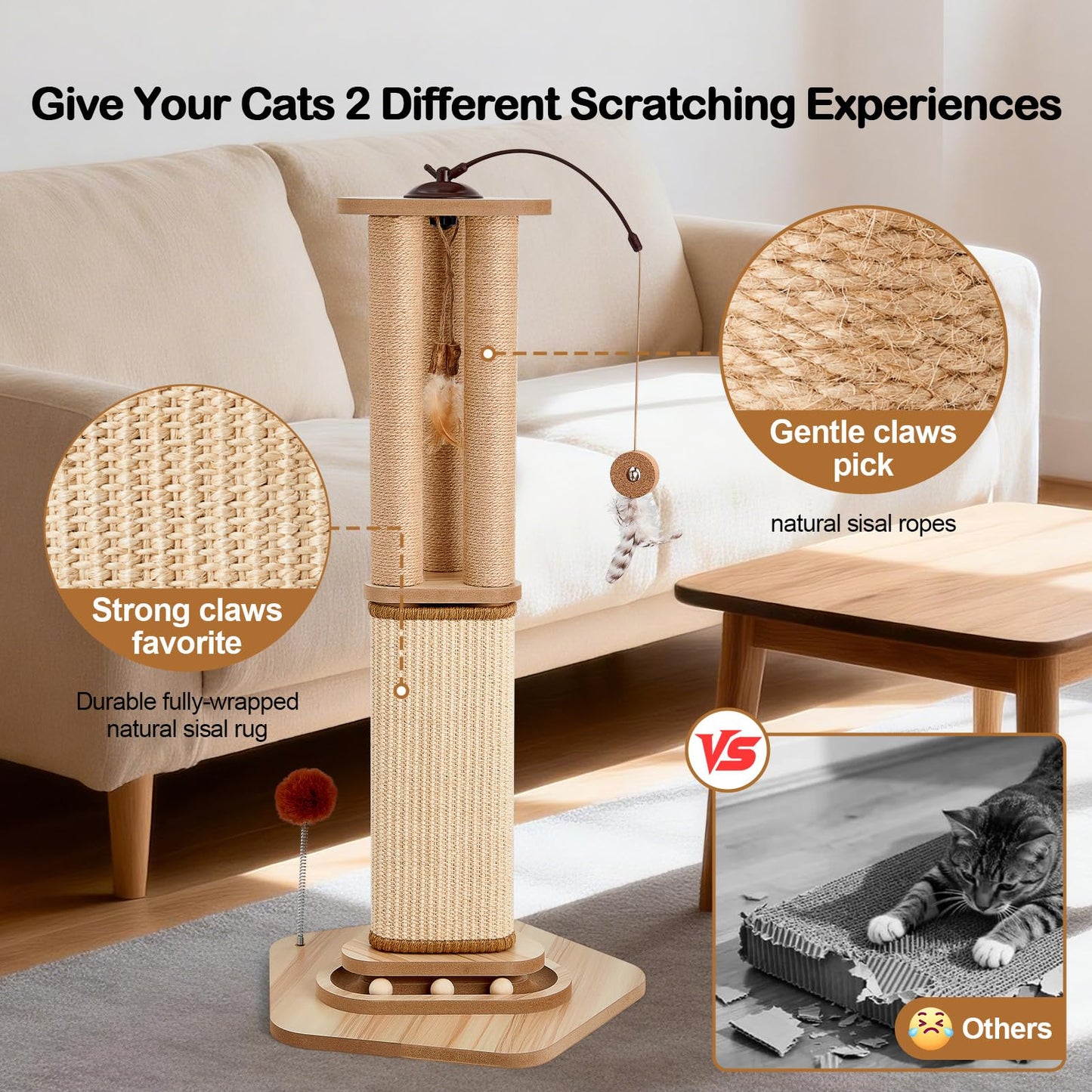 Tall Cat Scratching Post for Large Cats, Heavy Duty Natural Sisal Ball