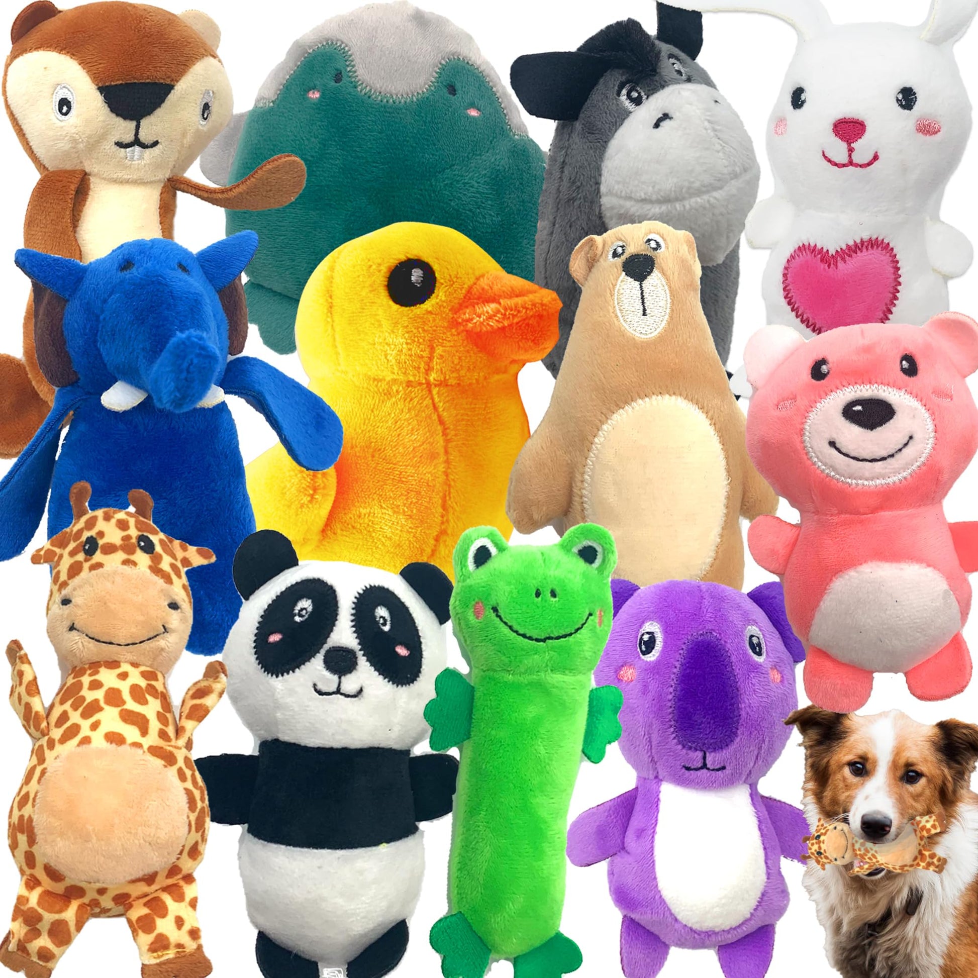 Jalousie 12 Pack Plush Animal Dog Toy, Squeaky Chew Toys