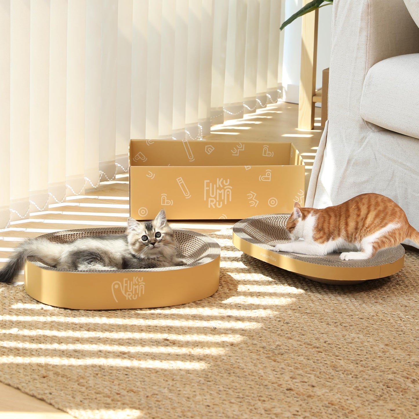 FUKUMARU 3PCS Cardboard Cat Scratcher Bed, Durable Oval Cat Bed