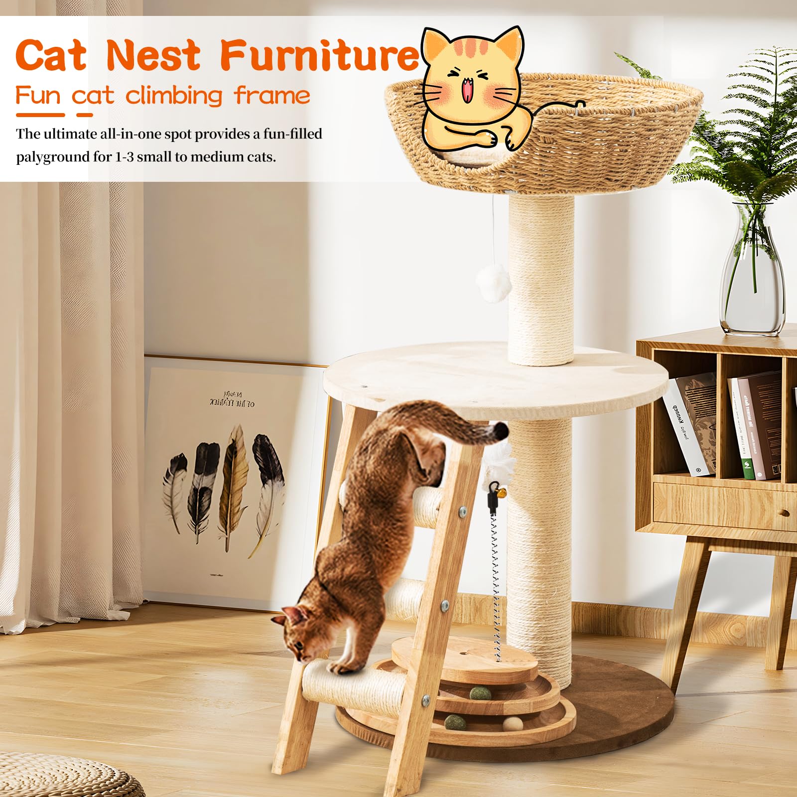 Natural Wood Modern Cat Tree with Top Cats Bed, Unique Cute Toy