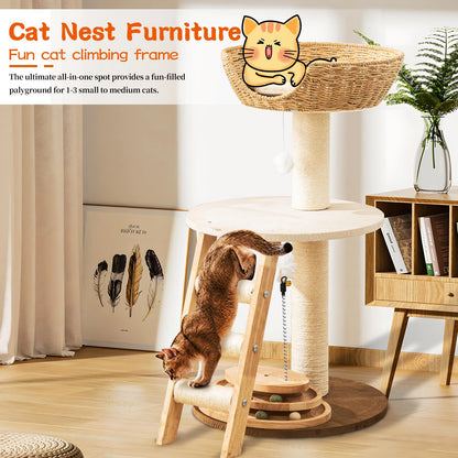 Natural Wood Modern Cat Tree with Top Cats Bed, Unique Cute Toy