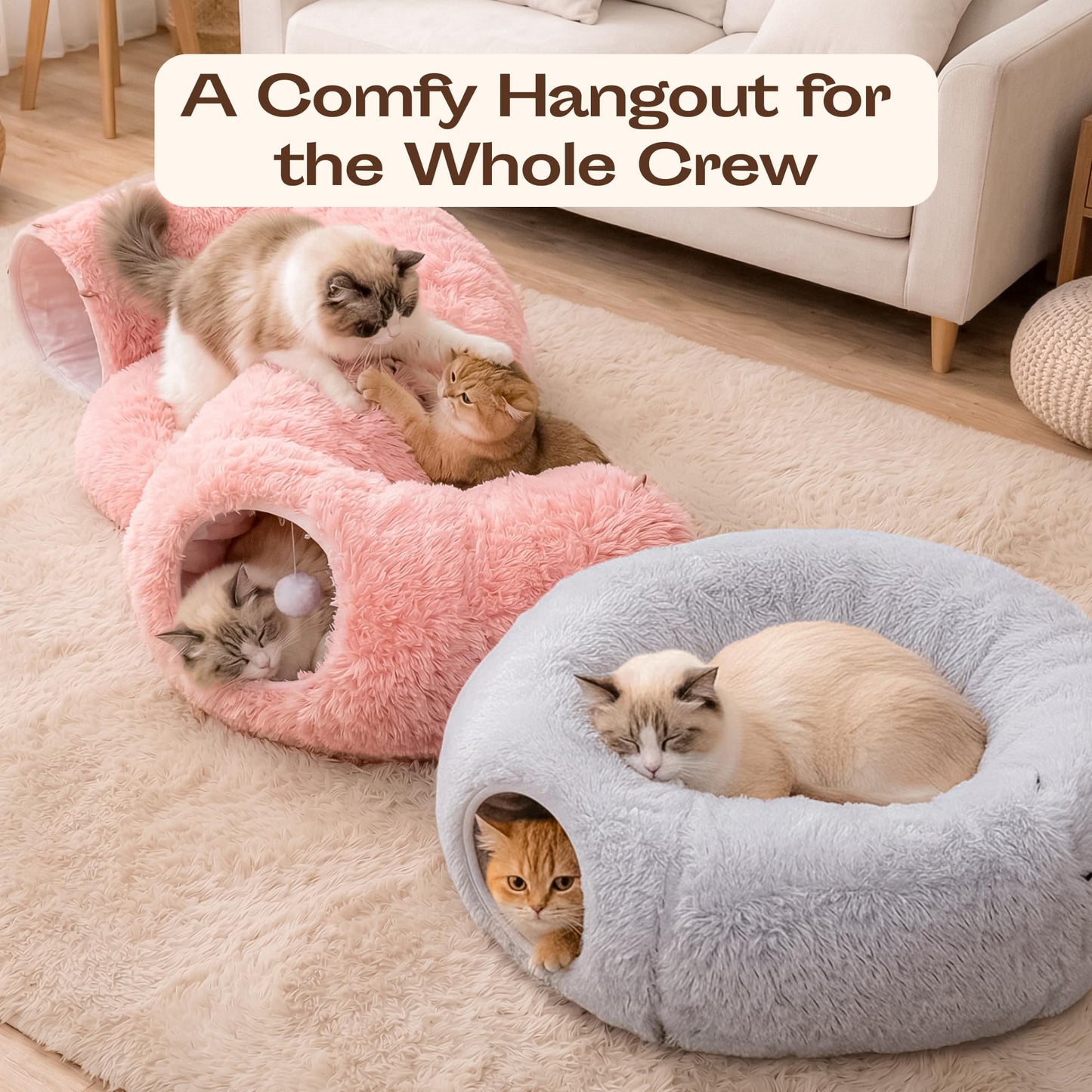 Meowfia Indoor Cat Tunnel with Donut Bed Large Flexible Play Space Bed
