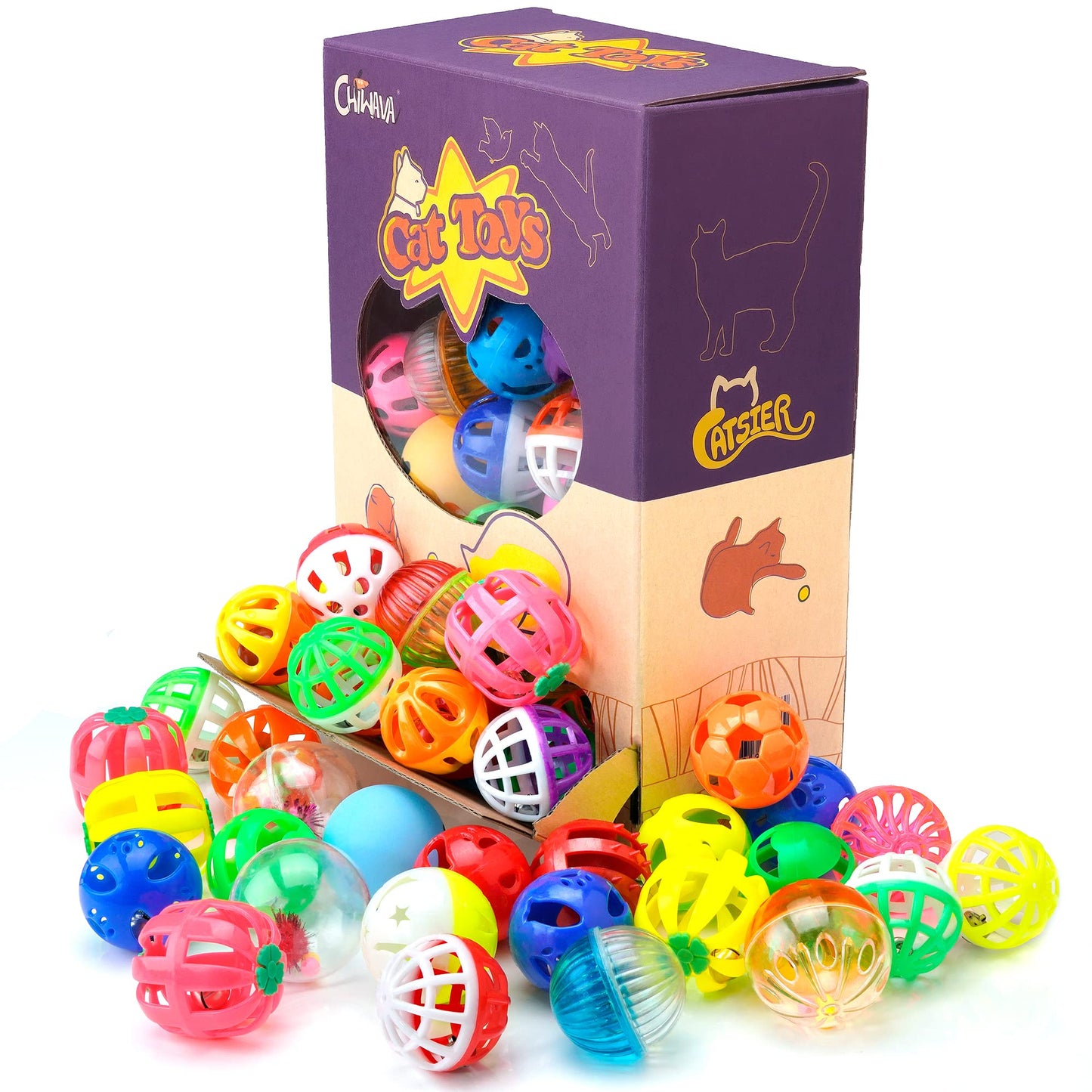 CHIWAVA 48 Pack Plastic Noisy Cat Toy Balls with Bell Kitten Balls
