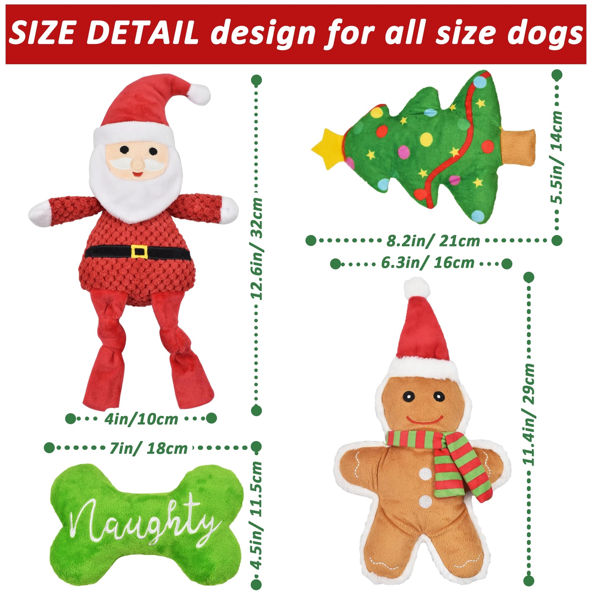 LECHONG Christmas Dog Toys, 4pcs Stuffed Dog Squeaky Toys for Toys