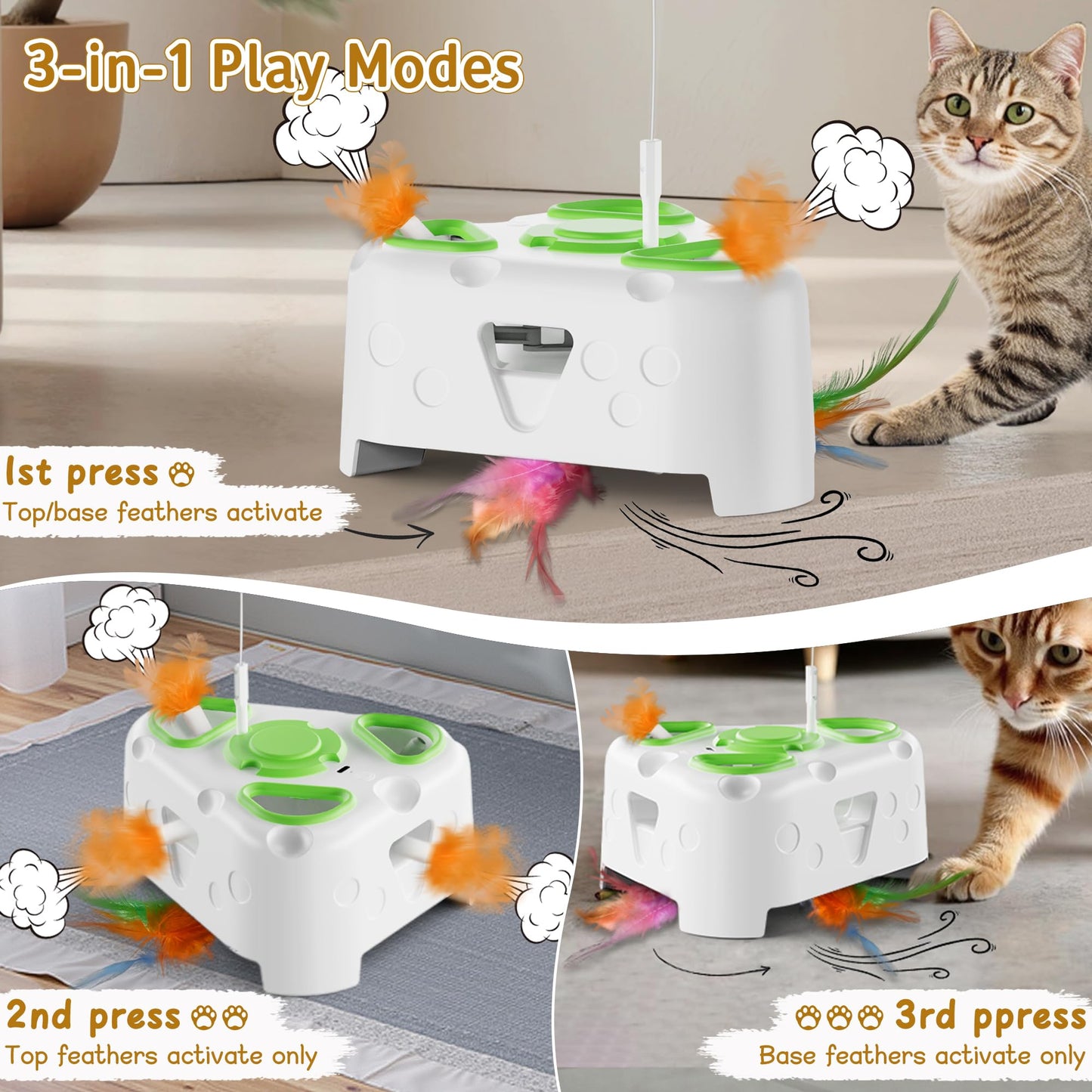 PANRIO 3-in-1 Interactive Cat Toys for Indoor Cats,Automatic Feather